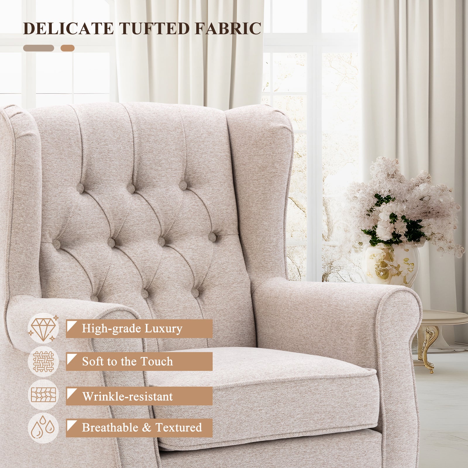 AFO Button-Tufted Wingback Accent Chair, Modern Mid-Century Armchair with Thick Padded Seat, Rolled Arm & Solid Wood Legs, For Bedroom/Office/Living Room