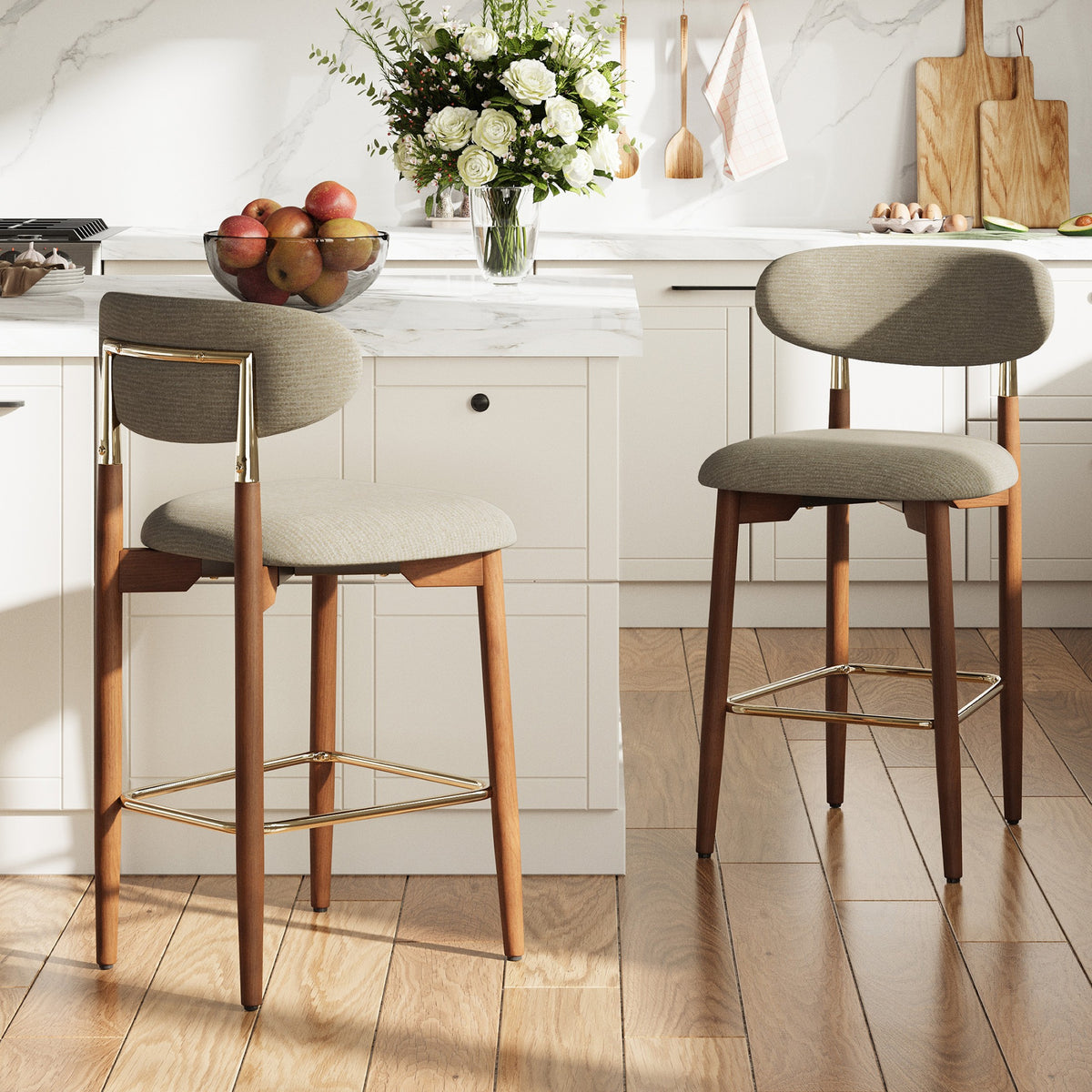 AFO Upholstered Counter Height Bar Stools, Kitchen Bar Stools With Curved Back & Wood Legs, Mid Century Modern Counter Chairs for Dining Room