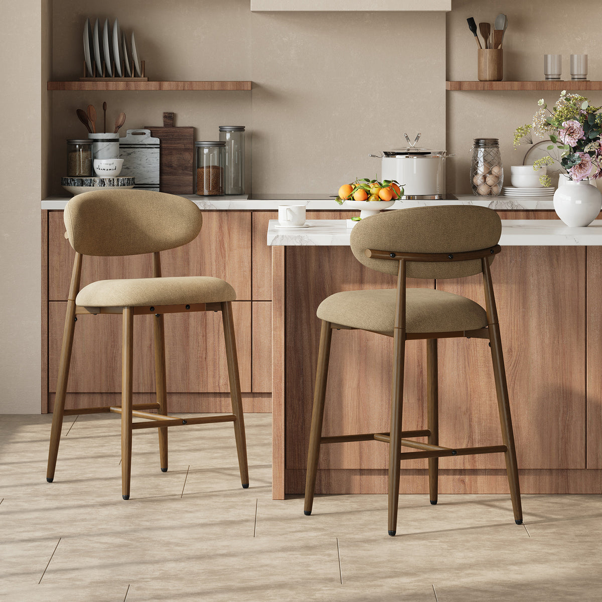 AFO Upholstered Counter Height Bar Stools, Kitchen Bar Stools With Ergonomic Curved Back & Footrest, Modern Counter Chairs for Kitchen Island Dining Room