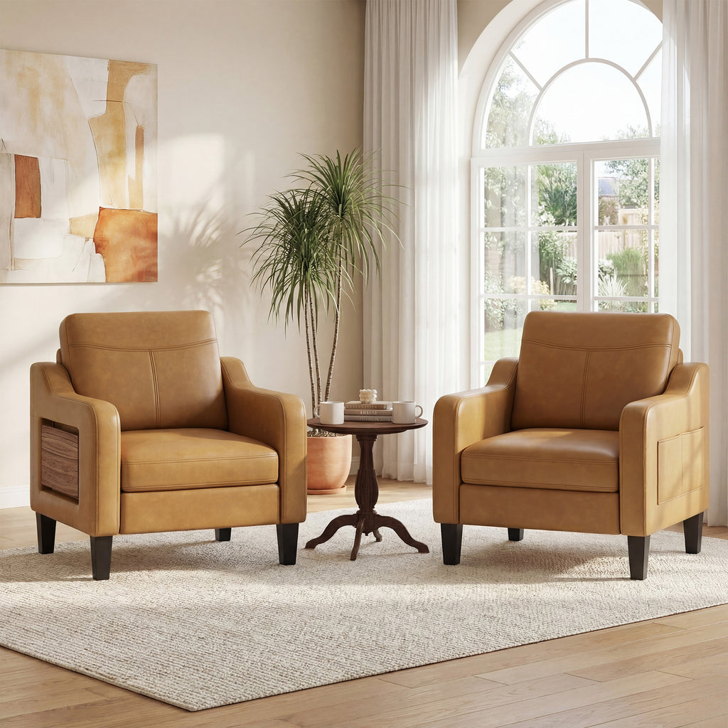 AFO Modern Upholstered Armchair, Accent Chair w/ 2 Side Pockets & Foldable Table