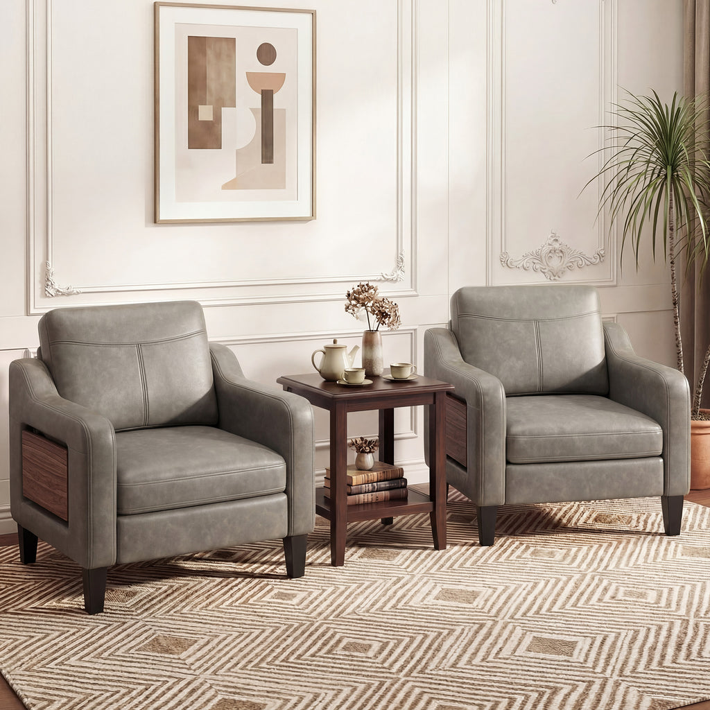 AFO Modern Upholstered Armchair, Accent Chair w/ 2 Side Pockets & Foldable Table