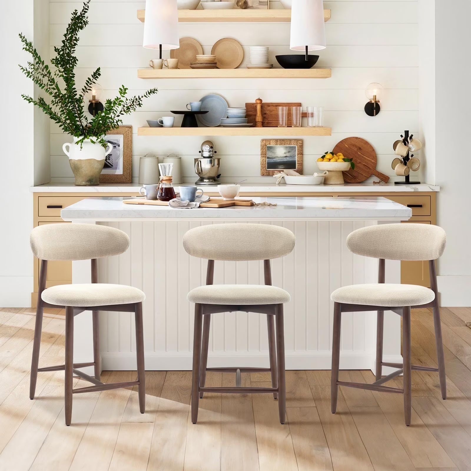AFO 26" Counter Height Bar Stools, Kitchen Bar Stools With Curved Back & Wood Legs, Mid Century Modern Upholstered, For Kitchen Island Dining Room