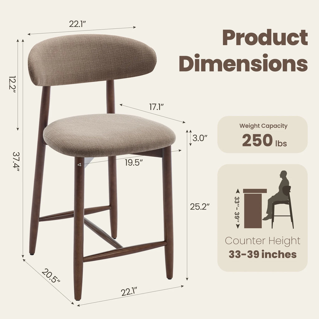 AFO Upholstered Counter Height Bar Stool - Ergonomic Back & Wooden Base