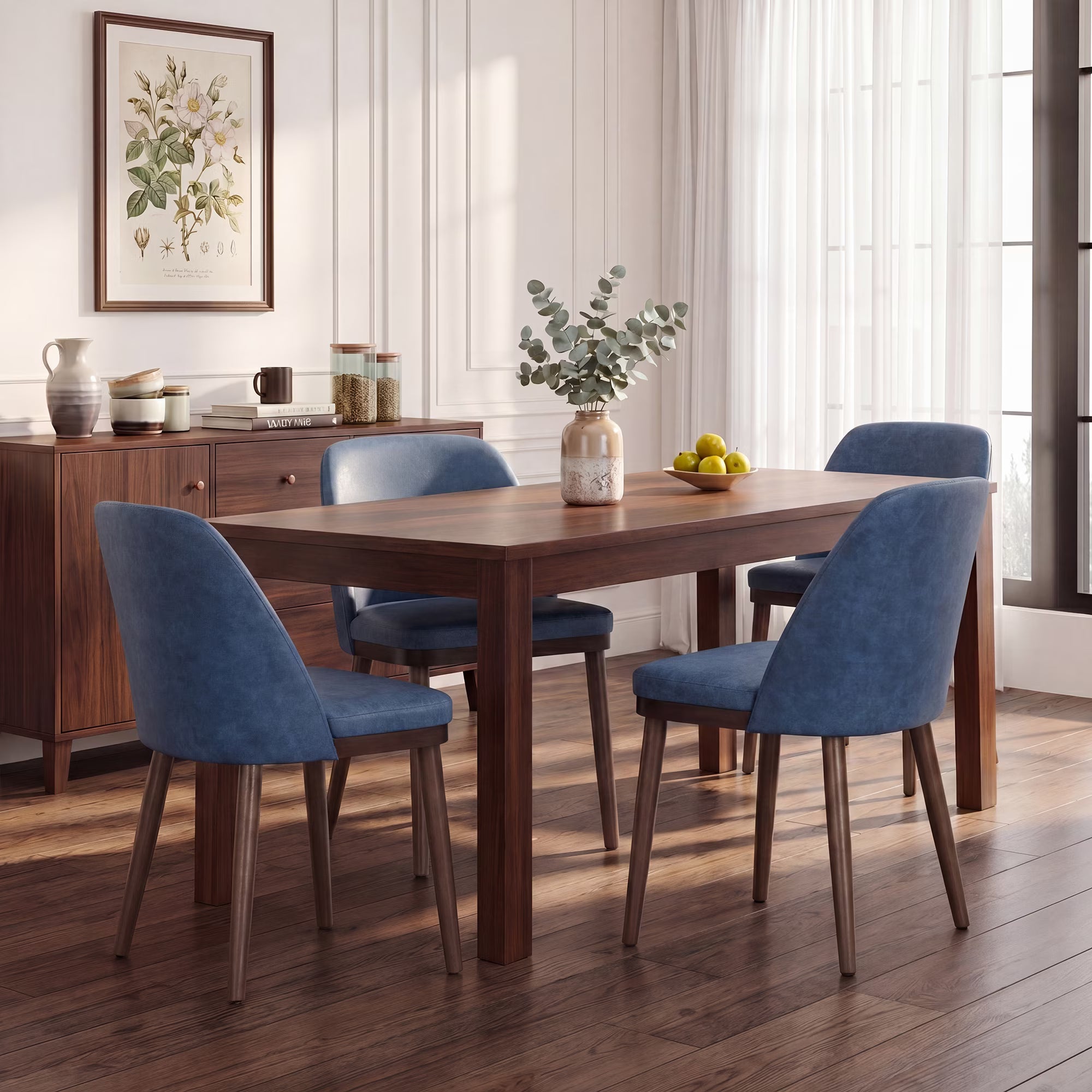 AFO Faux Leather Upholstered Dining Chairs, Modern Padded Kitchen Chairs with Ergonomic Curved Back & Solid Wood Legs, For Dining Room & Kitchen, Blue