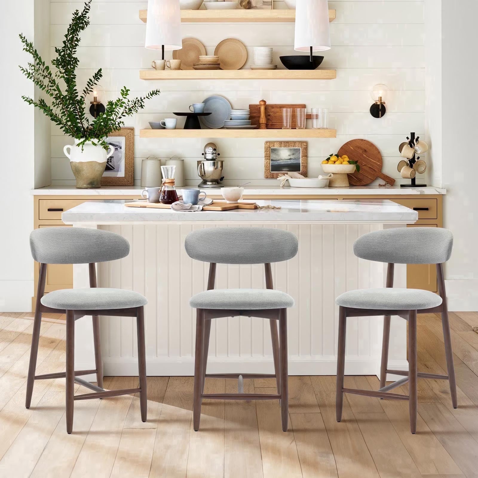 AFO 26" Counter Height Bar Stools, Kitchen Bar Stools With Curved Back & Wood Legs, Mid Century Modern Upholstered, For Kitchen Island Dining Room