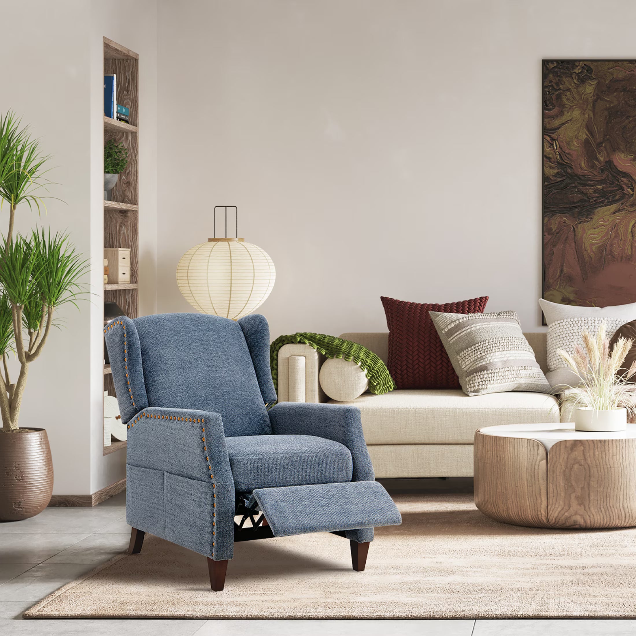 AFO Push-Back Recliner with Side Pockets, Solid Wood Ergonomic Armchair for Living Room and Bedroom