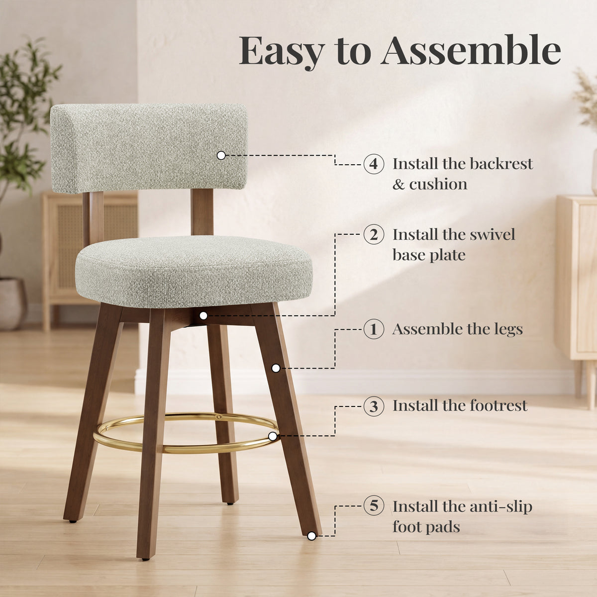 AFO Modern Swivel Bar Stools, Upholstered Counter Height Bar Stools with Solid Wood Frame & Gold-Plated Footrest, Mid-Century Bar Chairs with Back for Kitchen Island