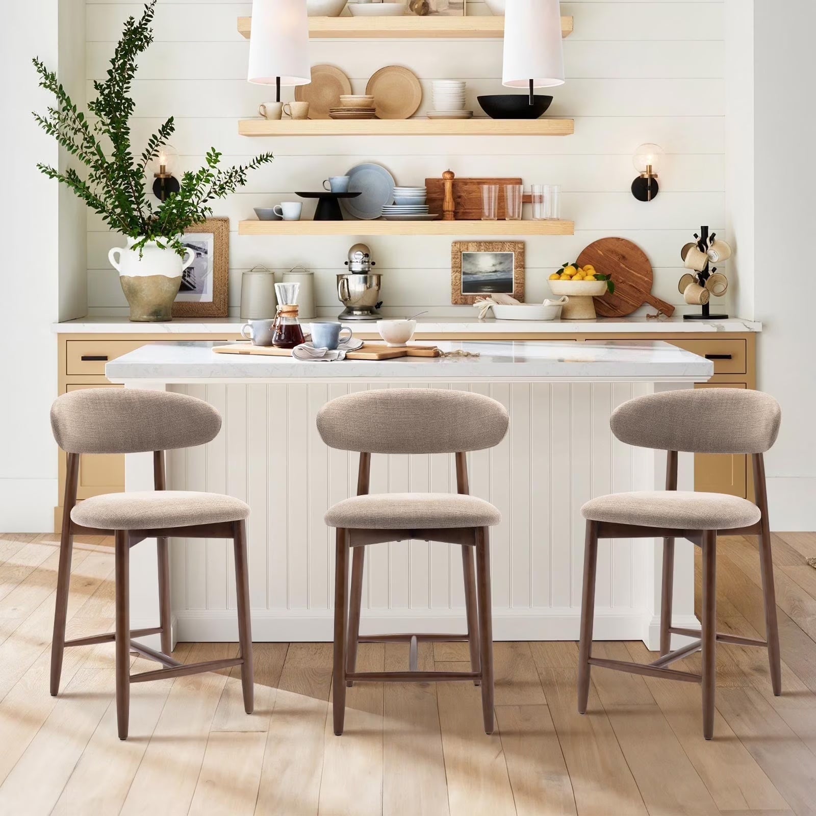 AFO 26" Counter Height Bar Stools, Kitchen Bar Stools With Curved Back & Wood Legs, Mid Century Modern Upholstered, For Kitchen Island Dining Room