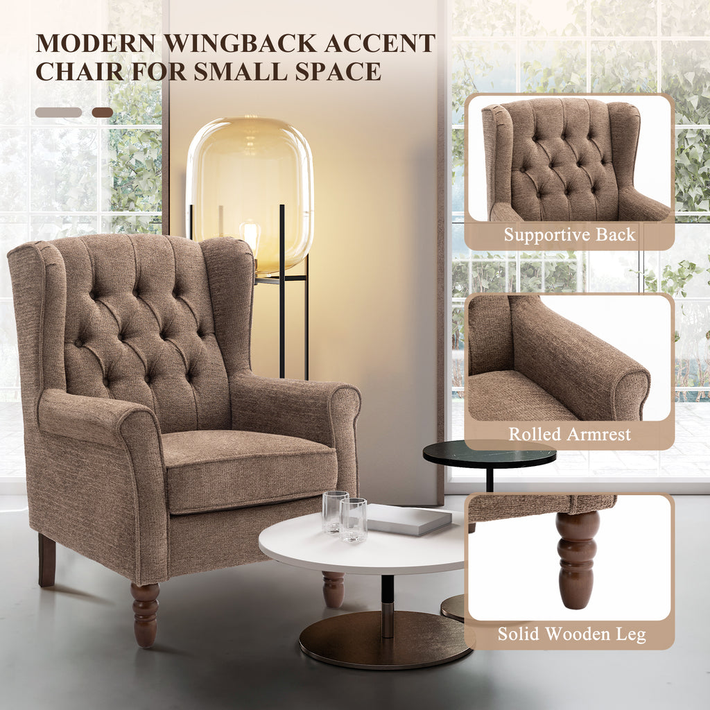 AFO Button-Tufted Wingback Accent Chair, Modern Mid-Century Armchair with Thick Padded Seat, Rolled Arm & Solid Wood Legs, For Bedroom/Office/Living Room