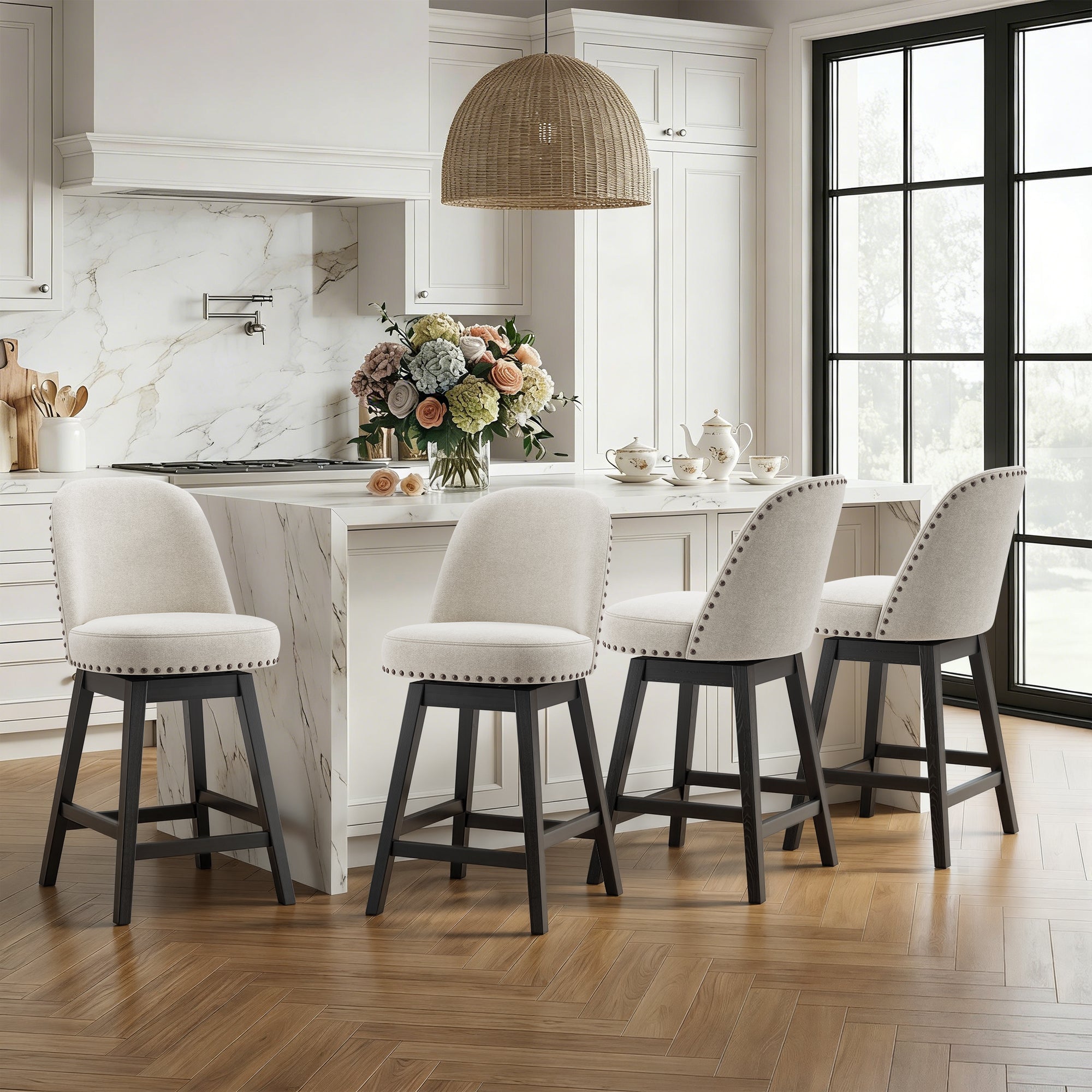 AFO 26" Upholstered Swivel Counter Height Bar Stools, Modern Bar Chairs with Solid Wood Frame, Suitable for 35"-39" Table, For Kitchen Island Dining Room Pub Restaurant