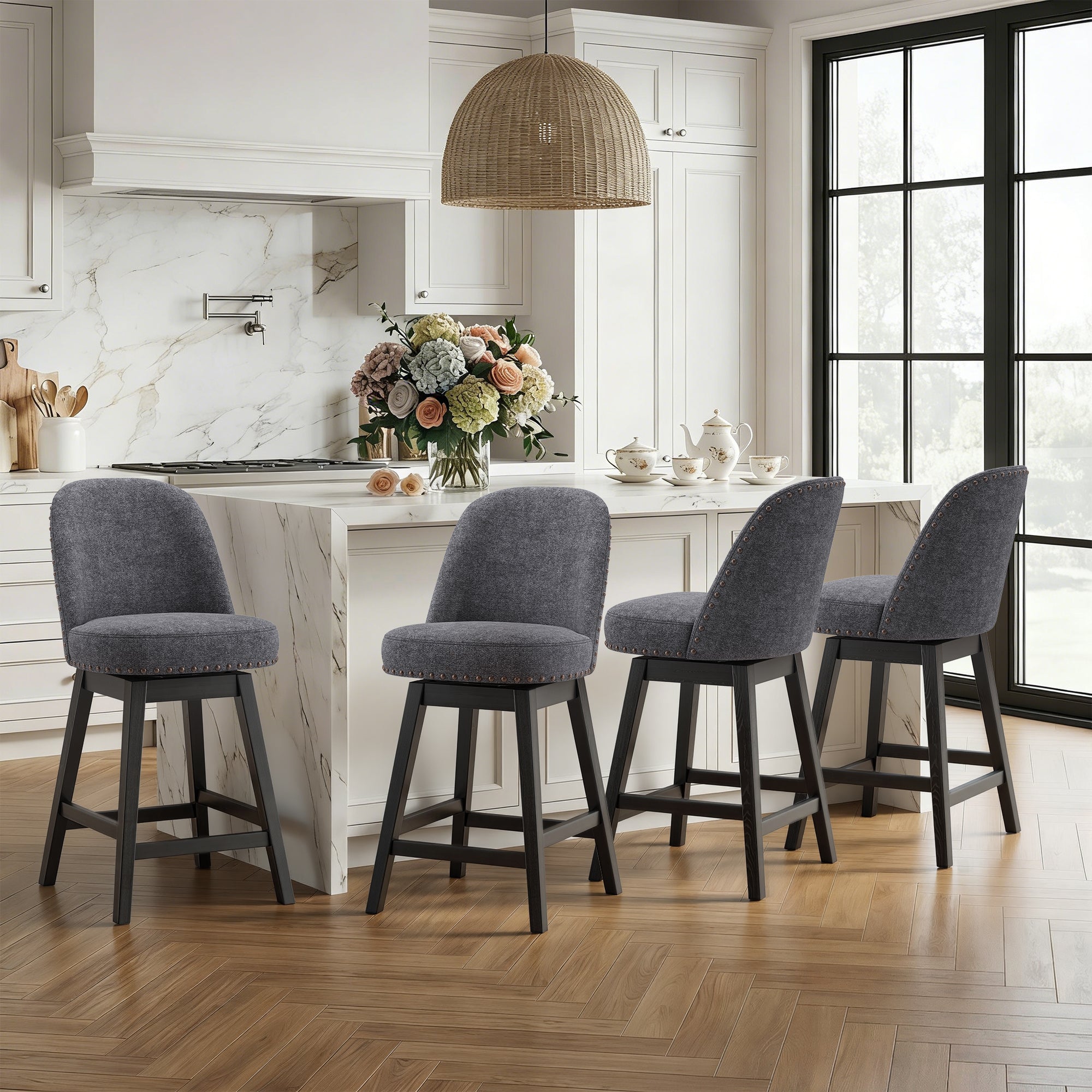 AFO 26" Upholstered Swivel Counter Height Bar Stools, Modern Bar Chairs with Solid Wood Frame, Suitable for 35"-39" Table, For Kitchen Island Dining Room Pub Restaurant