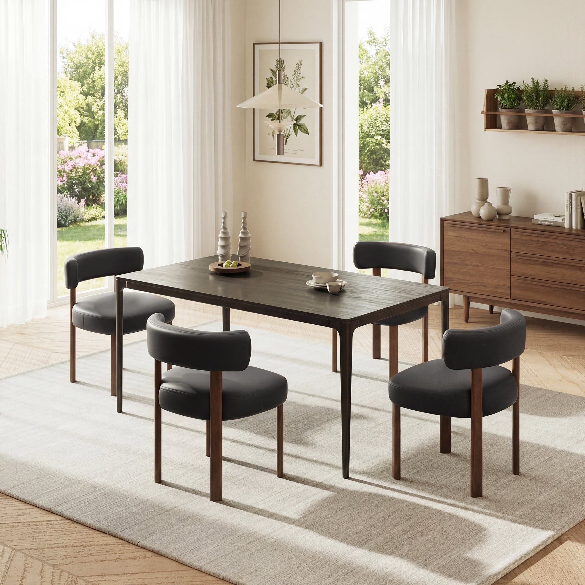AFO Modern Upholstered Dining Chair, Faux Leather Seat with Solid Wood Legs and Ergonomic Back