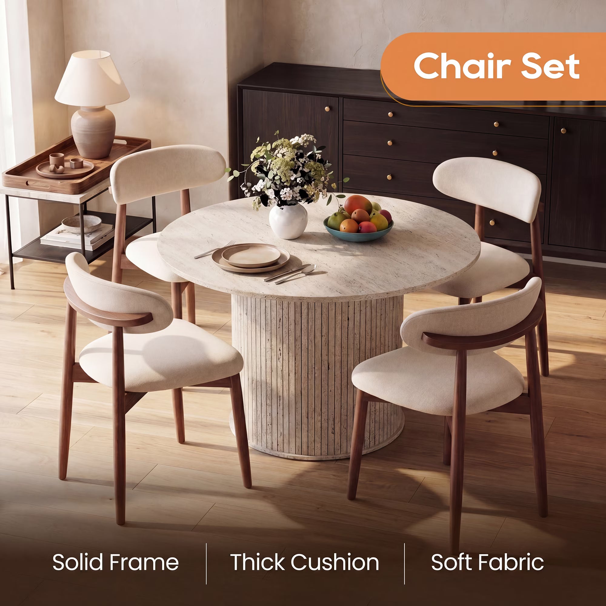 AFO Expandable Dining Table Set, Round to Oval Wood Kitchen Table with Storage Cabinet and Chairs for Small Spaces