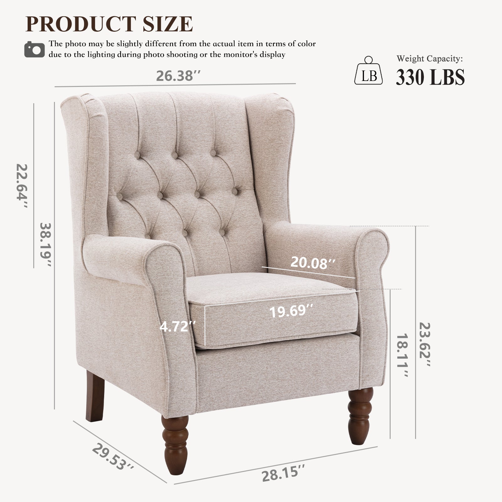 AFO Button-Tufted Wingback Accent Chair, Modern Mid-Century Armchair with Thick Padded Seat, Rolled Arm & Solid Wood Legs, For Bedroom/Office/Living Room
