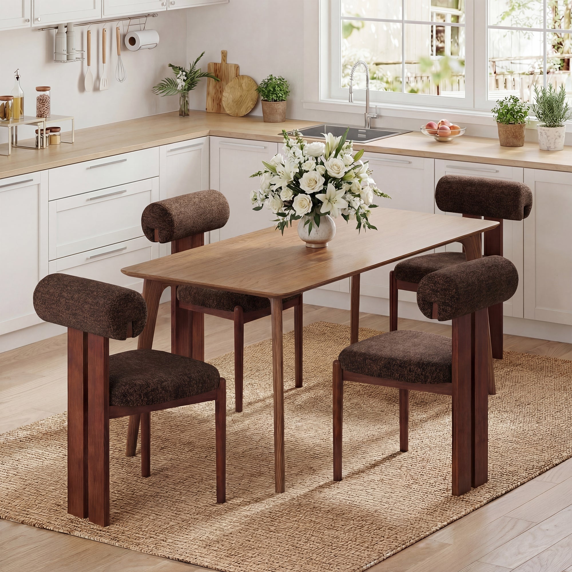 AFO Upholstered Modern Dining Chair with Roll Backrest & Wooden Legs, Kitchen Desk Side Chair for Dining Room and Restaurant