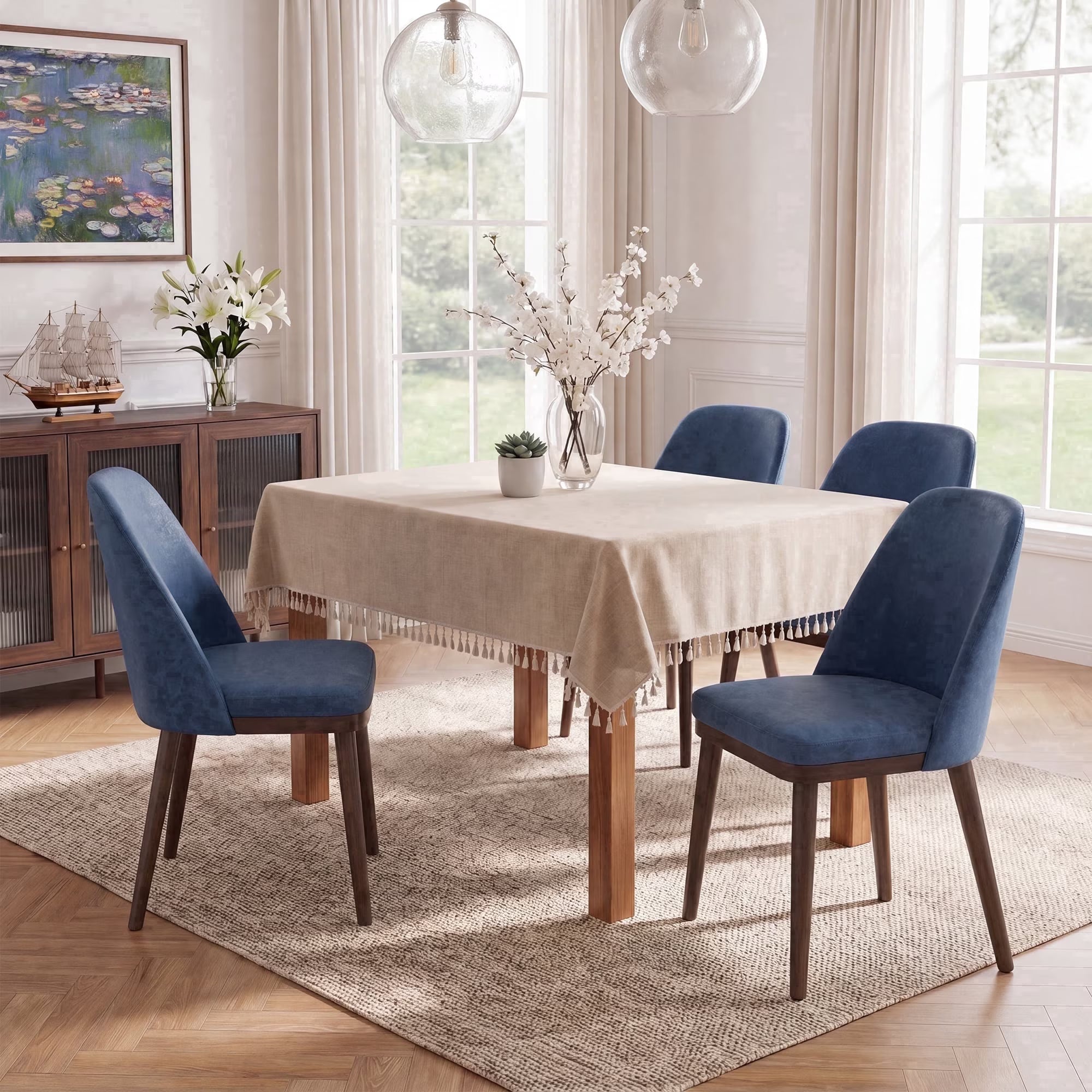 AFO Faux Leather Upholstered Dining Chairs, Modern Padded Kitchen Chairs with Ergonomic Curved Back & Solid Wood Legs, For Dining Room & Kitchen, Blue