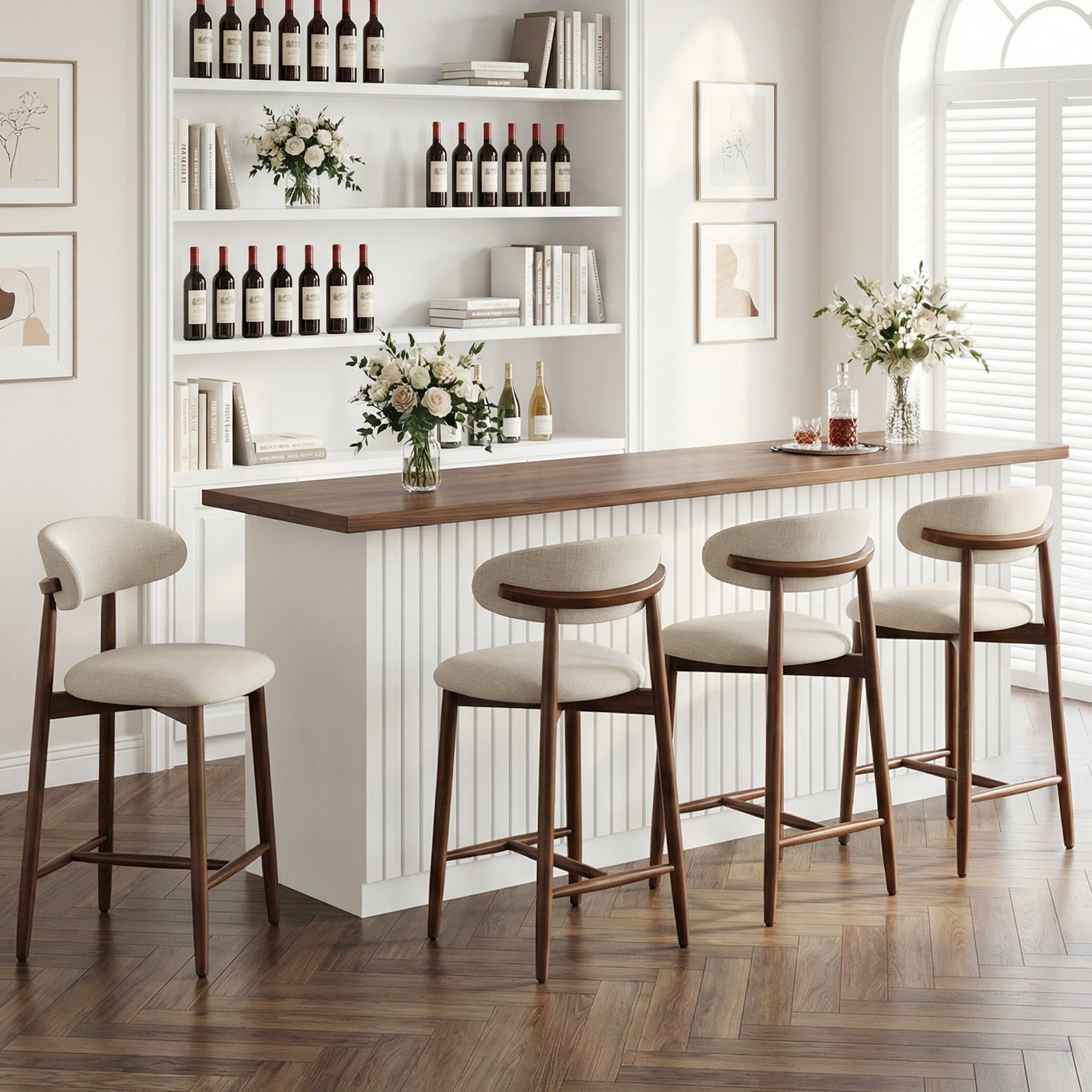 AFO 26" Counter Height Bar Stools, Kitchen Bar Stools With Curved Back & Wood Legs, Mid Century Modern Upholstered, For Kitchen Island Dining Room