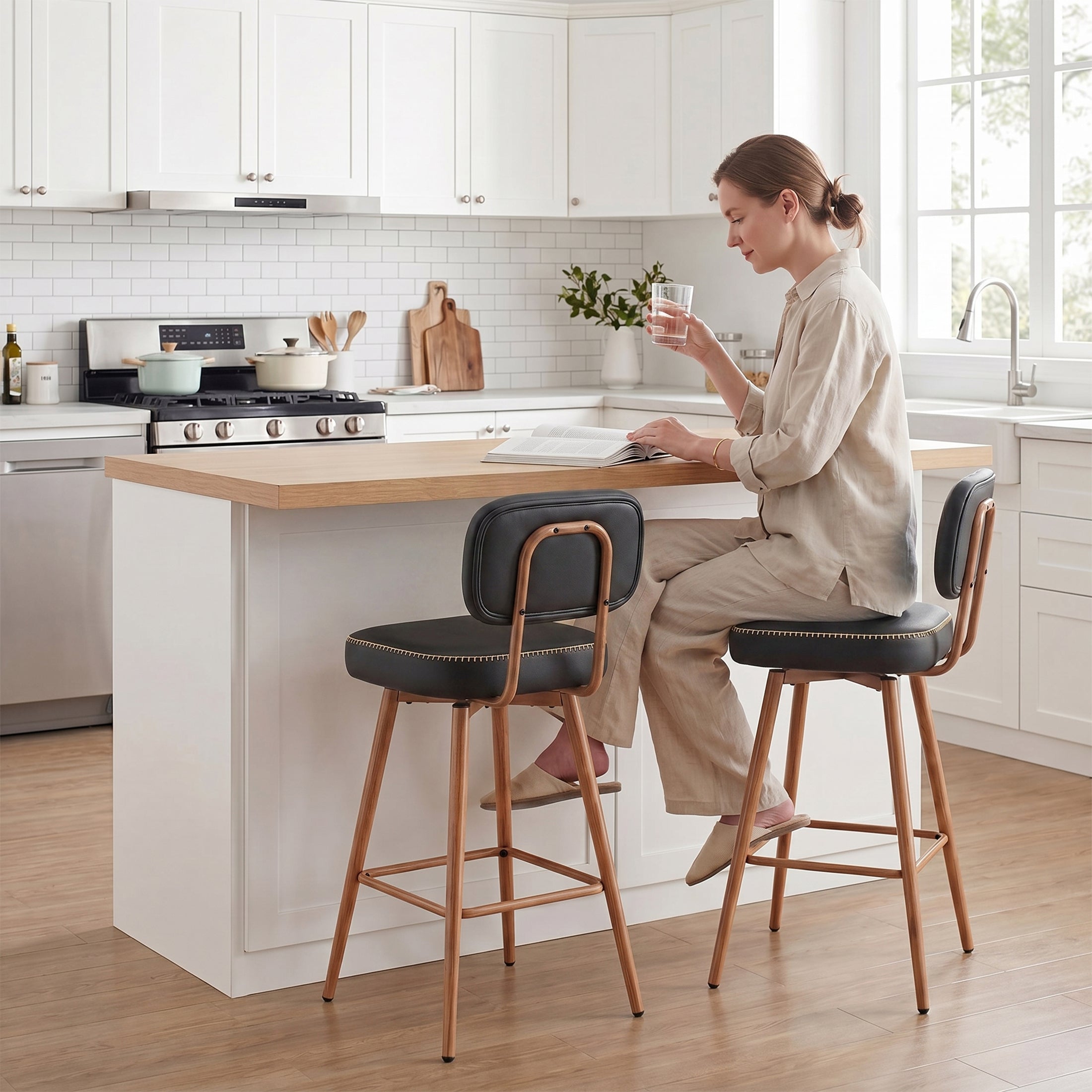 AFO 26.5" Counter Swivel Bar Stool, PU Leather Counter Height Barstools with Ergonomic Backrest