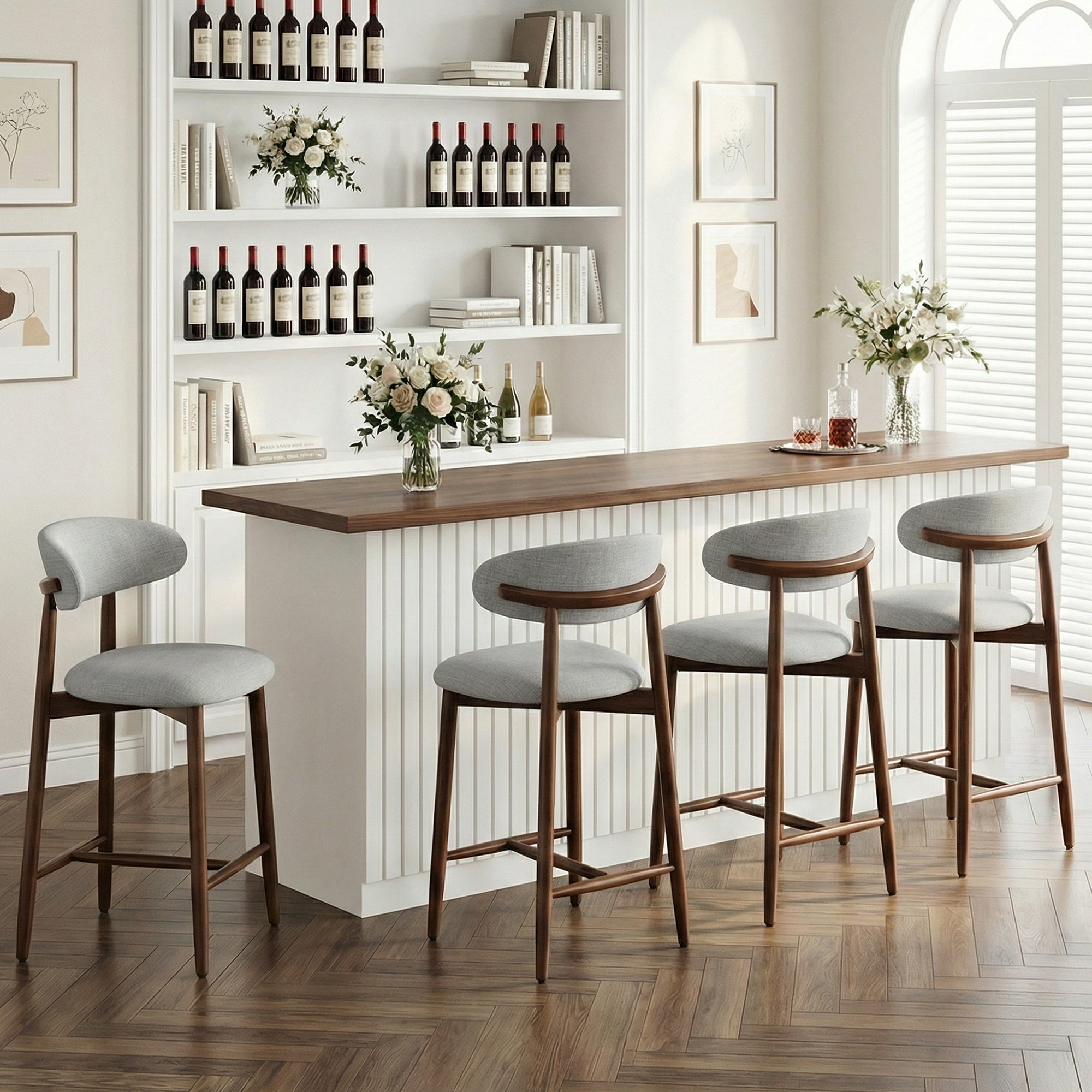 AFO 26" Counter Height Bar Stools, Kitchen Bar Stools With Curved Back & Wood Legs, Mid Century Modern Upholstered, For Kitchen Island Dining Room
