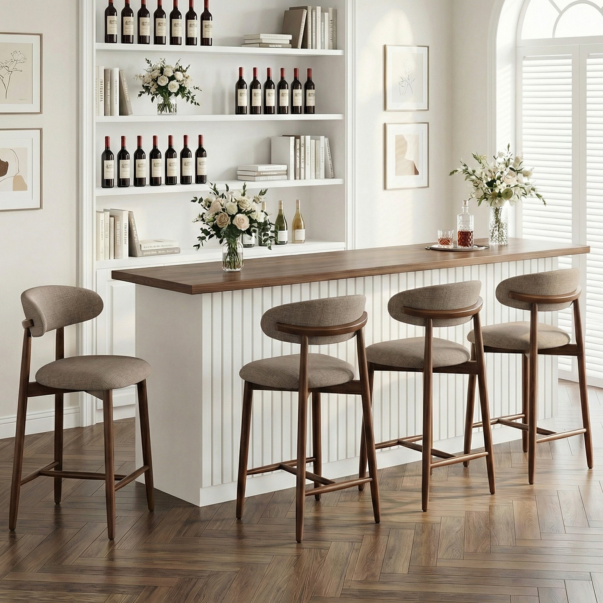 AFO 26" Counter Height Bar Stools, Kitchen Bar Stools With Curved Back & Wood Legs, Mid Century Modern Upholstered, For Kitchen Island Dining Room