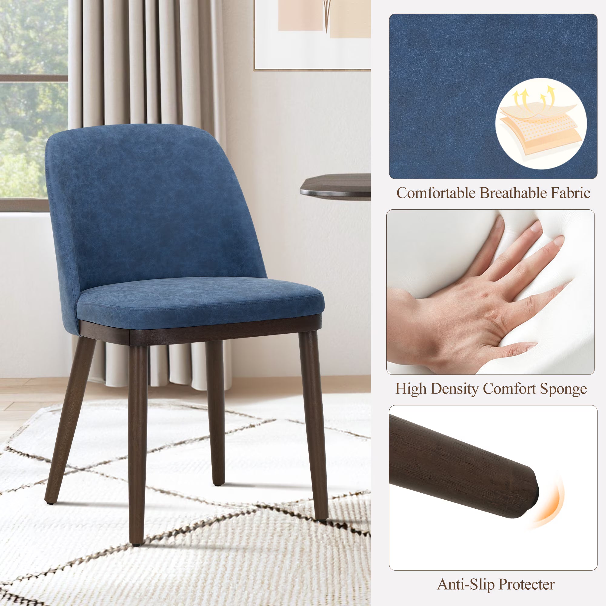 AFO Faux Leather Upholstered Dining Chairs, Modern Padded Kitchen Chairs with Ergonomic Curved Back & Solid Wood Legs, For Dining Room & Kitchen, Blue