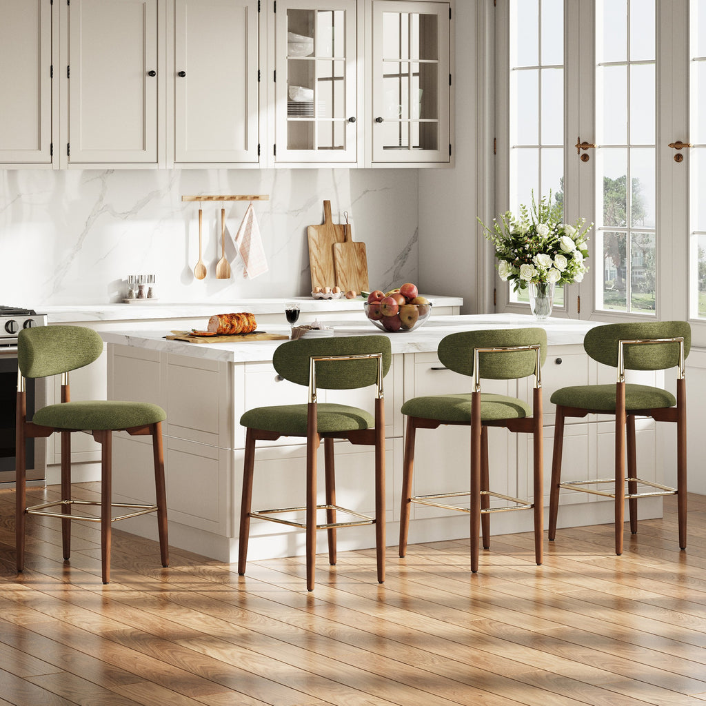 AFO Upholstered Counter Height Bar Stools, Kitchen Bar Stools With Curved Back & Wood Legs, Mid Century Modern Counter Chairs for Dining Room