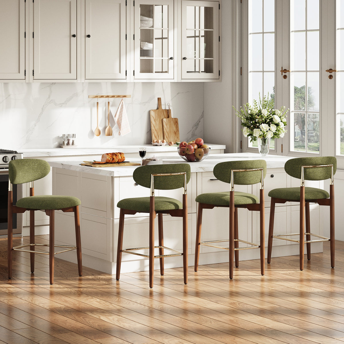 AFO Upholstered Counter Height Bar Stools, Kitchen Bar Stools With Curved Back & Wood Legs, Mid Century Modern Counter Chairs for Dining Room