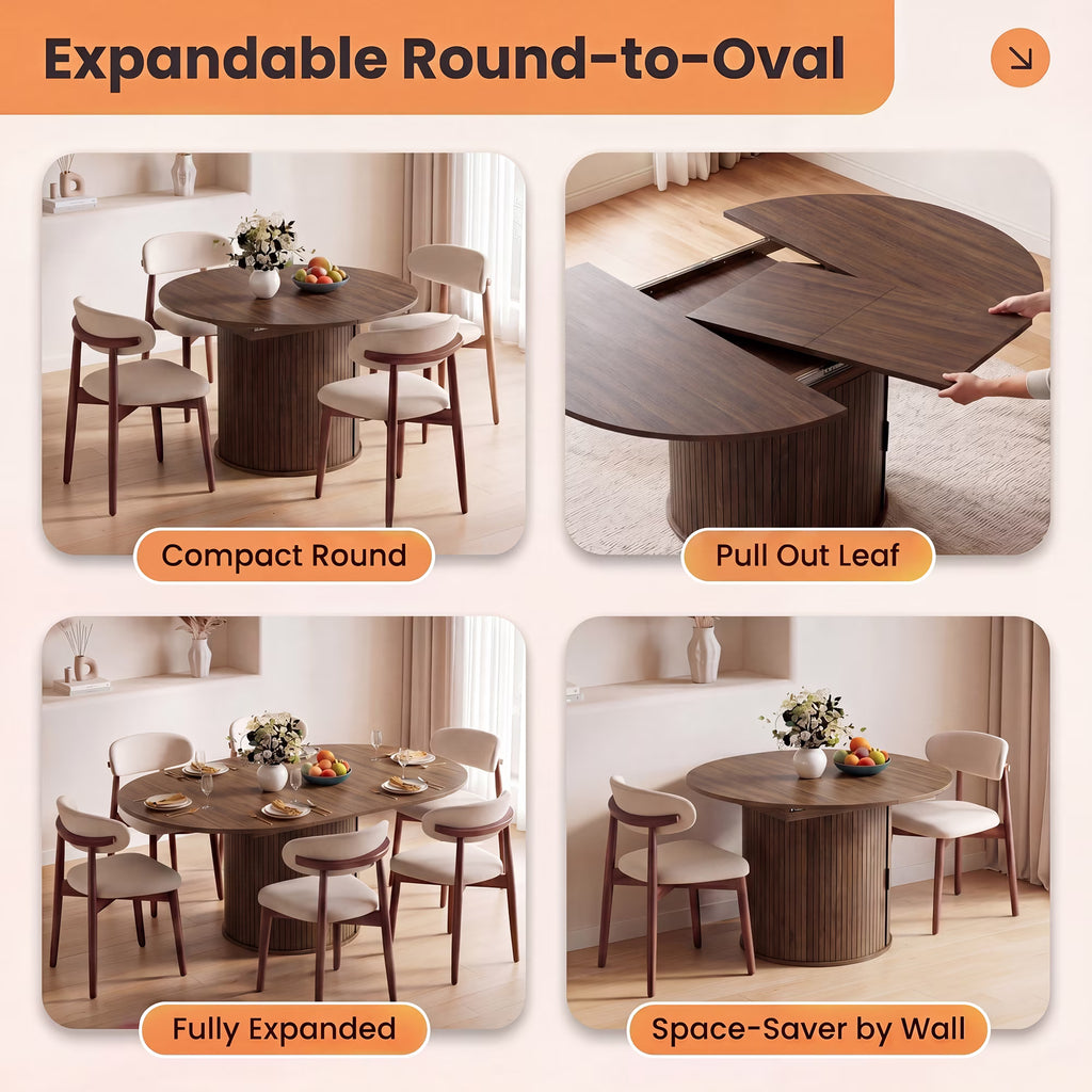 AFO Expandable Dining Table Set, Round to Oval Wood Kitchen Table with Storage Cabinet and Chairs for Small Spaces