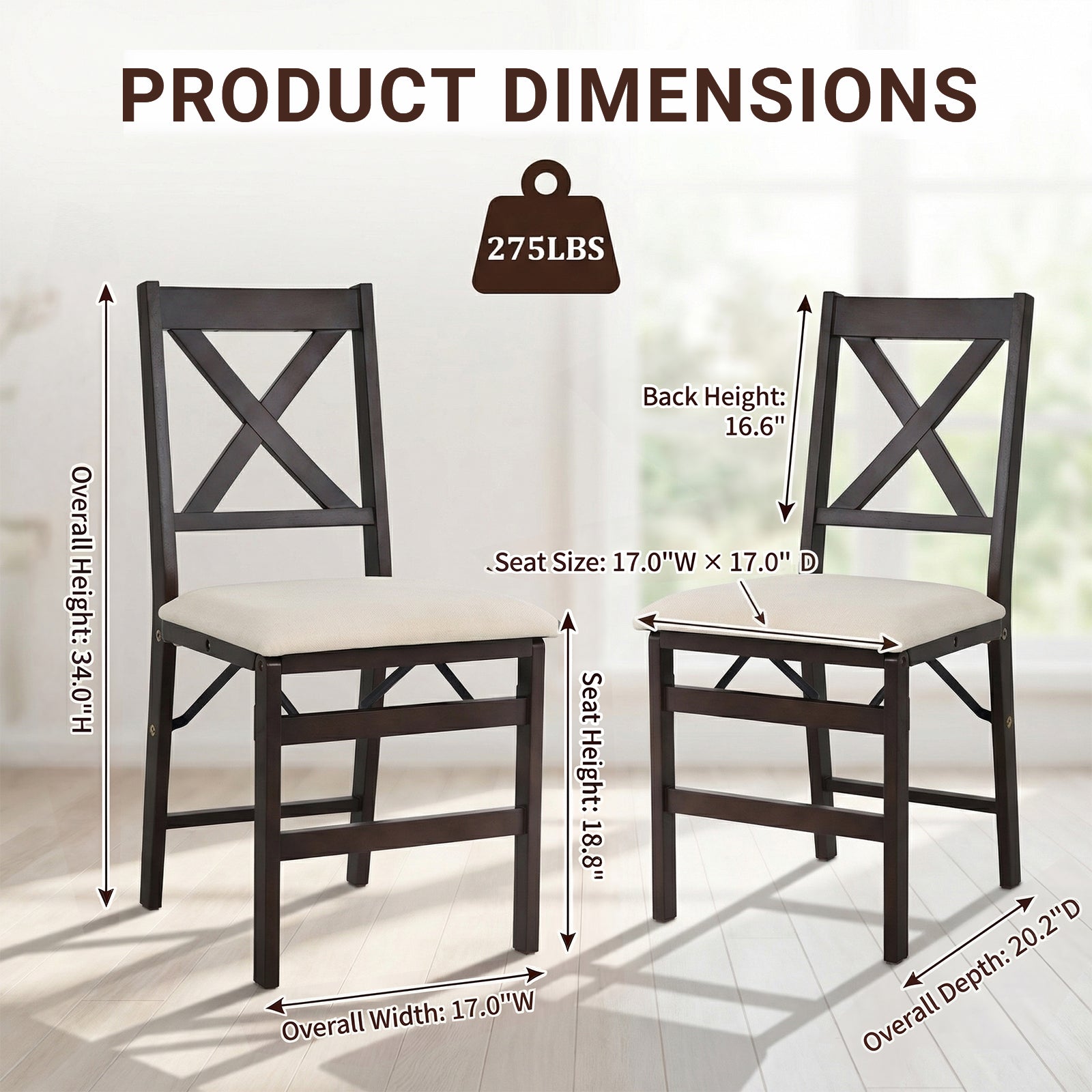 Foldable Solid Wood Cross-Back Dining Chairs Set of 2
