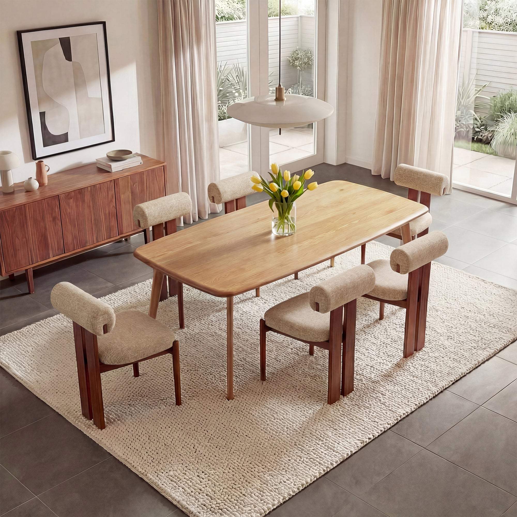 AFO Upholstered Modern Dining Chair with Roll Backrest & Wooden Legs, Kitchen Desk Side Chair for Dining Room and Restaurant
