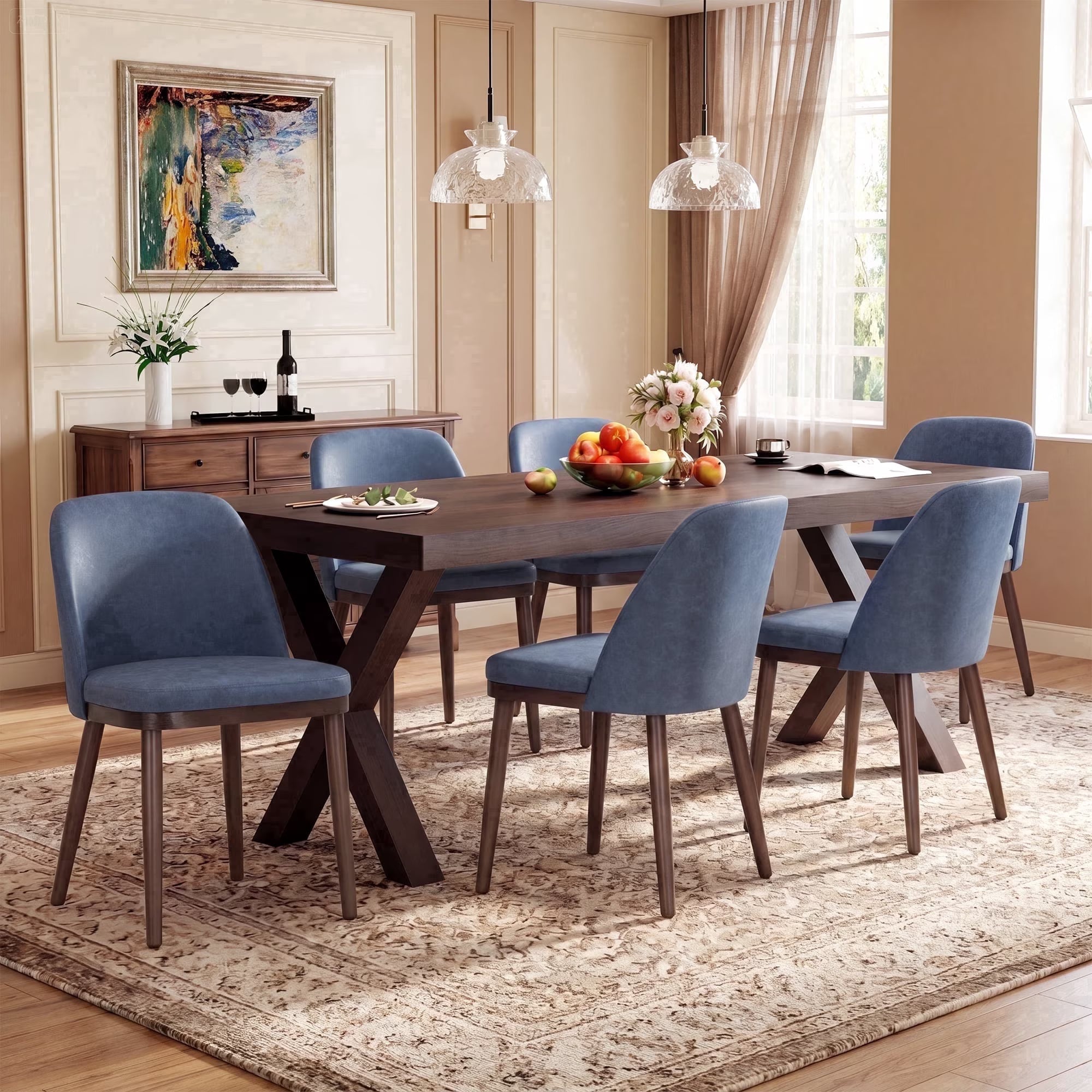 AFO Faux Leather Upholstered Dining Chairs, Modern Padded Kitchen Chairs with Ergonomic Curved Back & Solid Wood Legs, For Dining Room & Kitchen, Blue