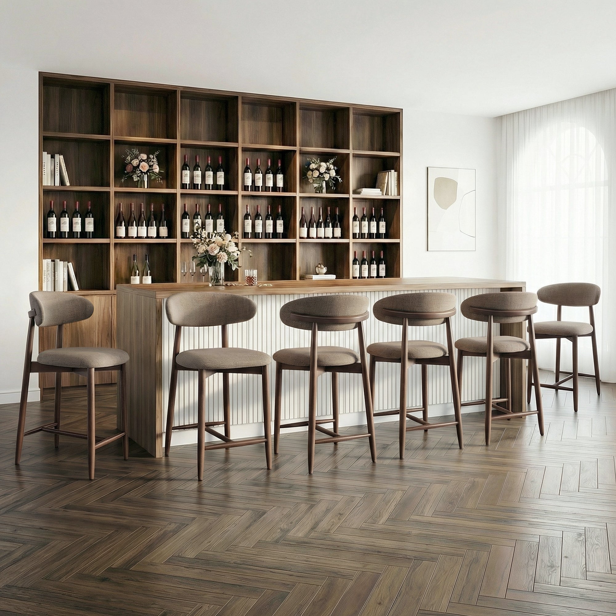 AFO 26" Counter Height Bar Stools, Kitchen Bar Stools With Curved Back & Wood Legs, Mid Century Modern Upholstered, For Kitchen Island Dining Room