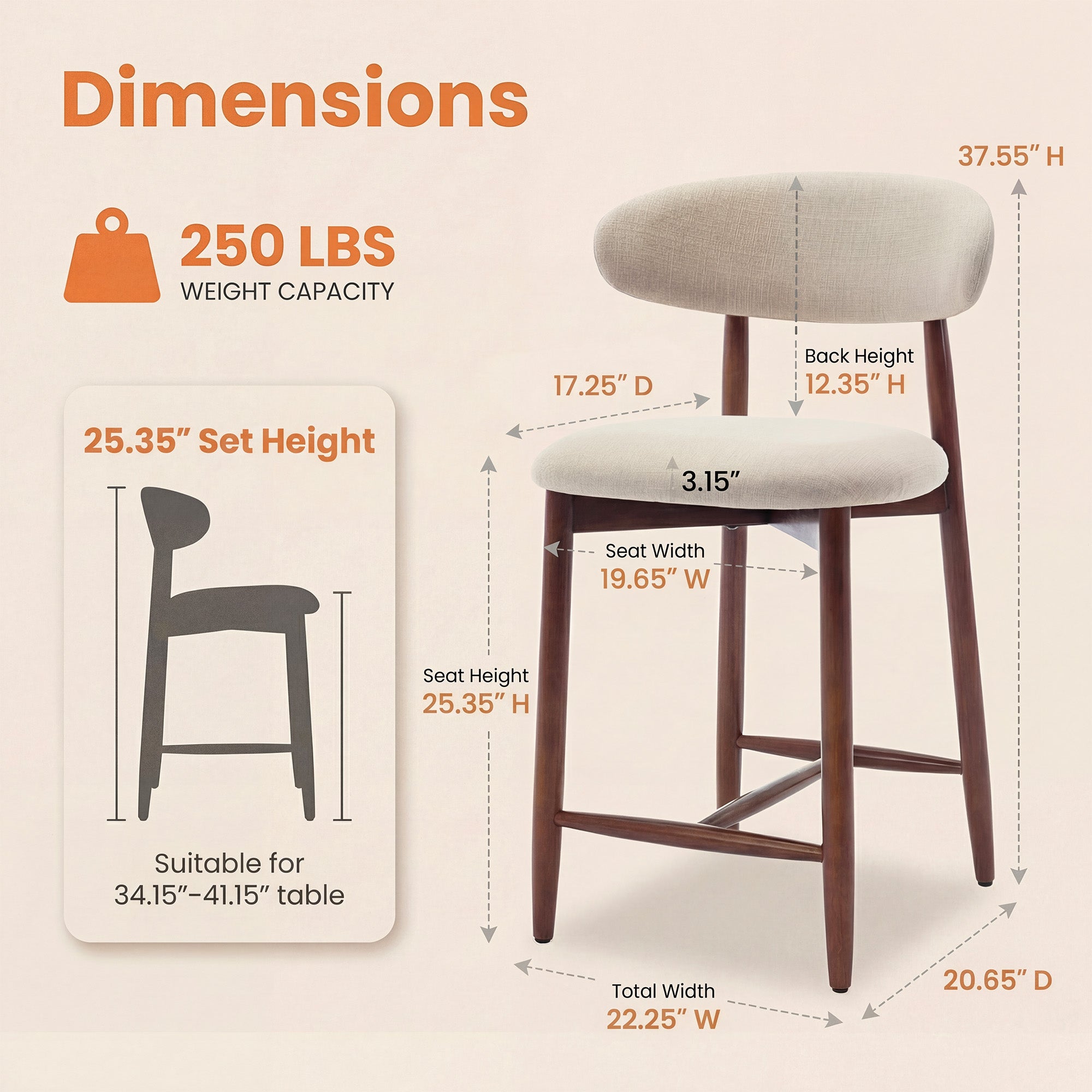 AFO Upholstered Counter Height Bar Stool - Ergonomic Back & Wooden Base
