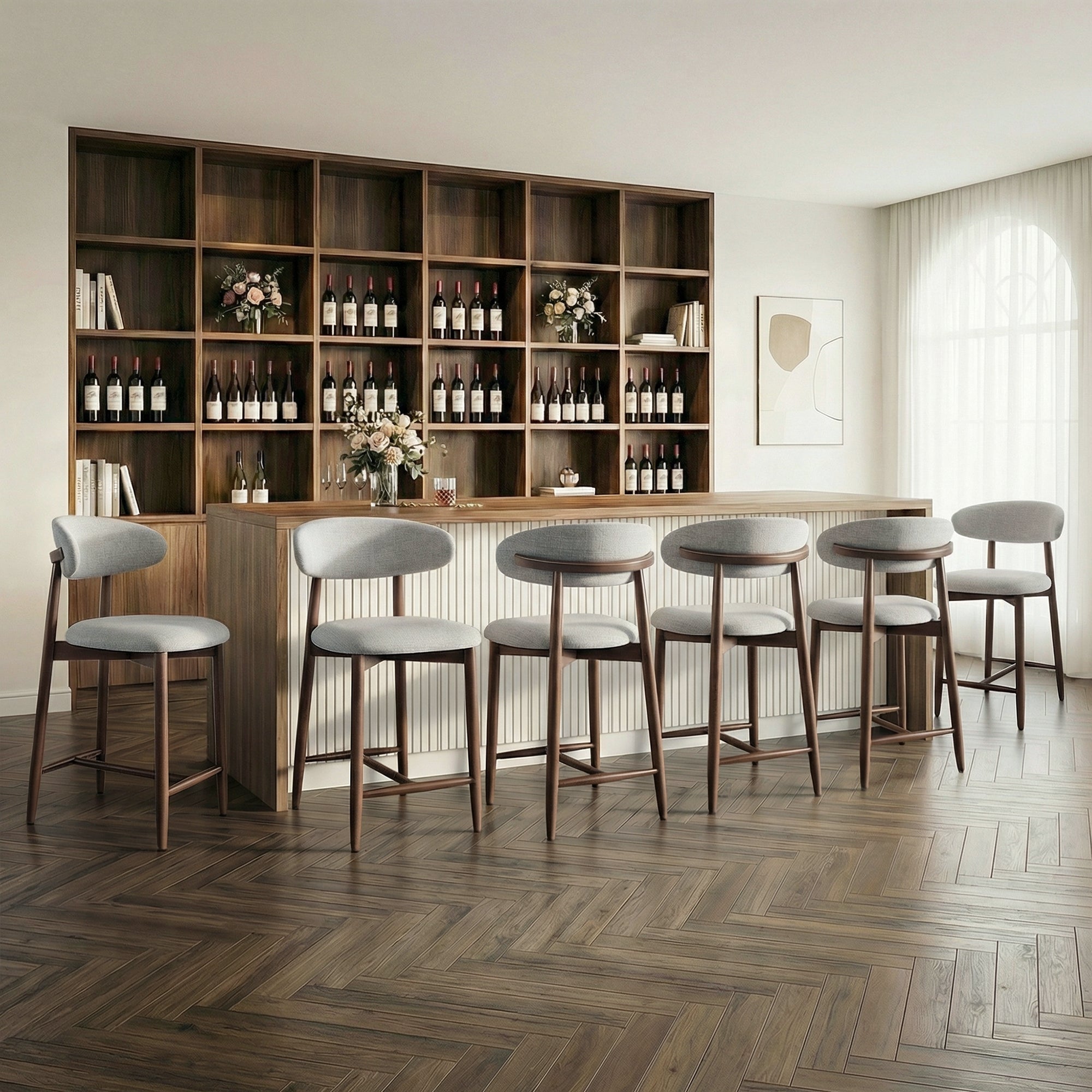 AFO 26" Counter Height Bar Stools, Kitchen Bar Stools With Curved Back & Wood Legs, Mid Century Modern Upholstered, For Kitchen Island Dining Room