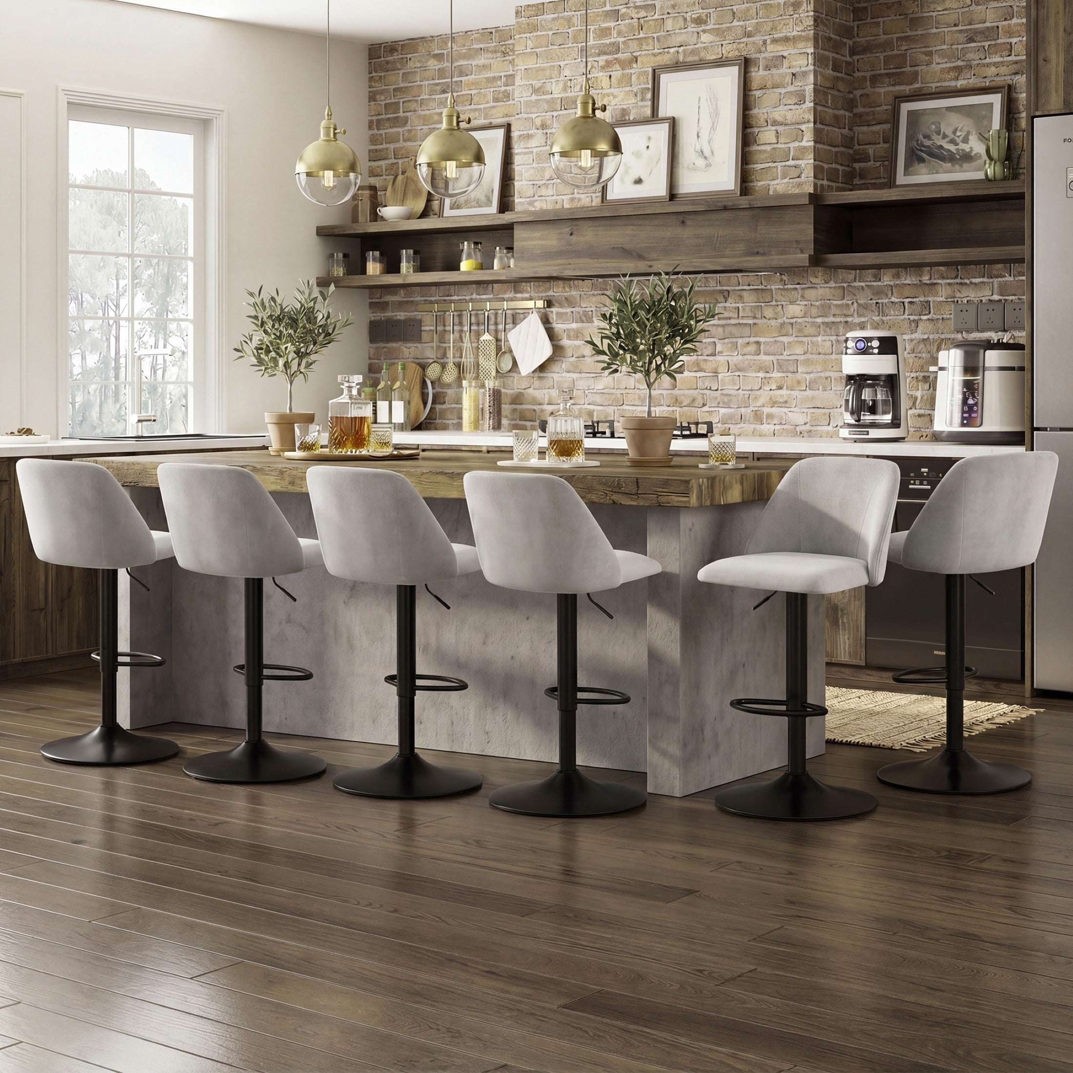 AFO Swivel Counter Height Bar Stools, Fabric Adjustable Upholstered Bar Chairs with Full Backrest, Modern Barstools for Kitchen Island, Dining Room, Café and Home Bar