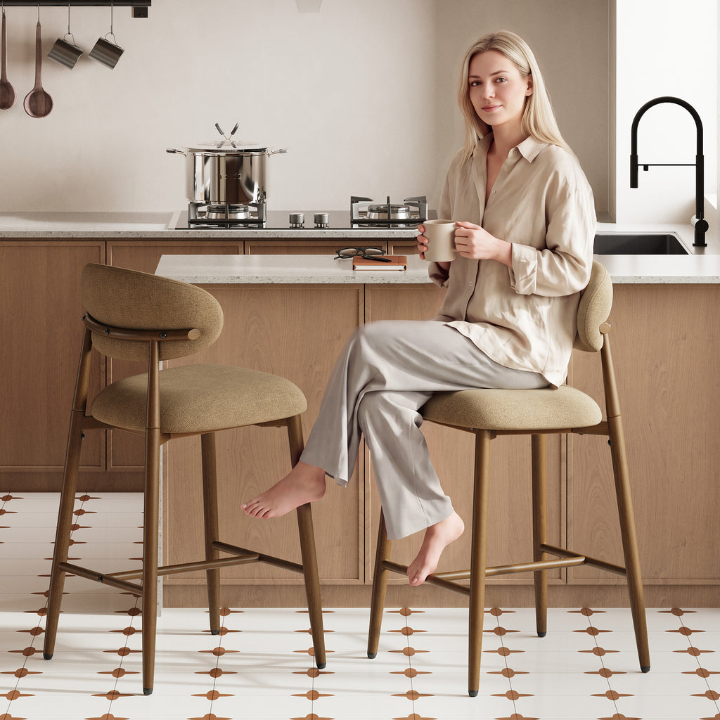 AFO Upholstered Counter Height Bar Stools, Kitchen Bar Stools With Ergonomic Curved Back & Footrest, Modern Counter Chairs for Kitchen Island Dining Room