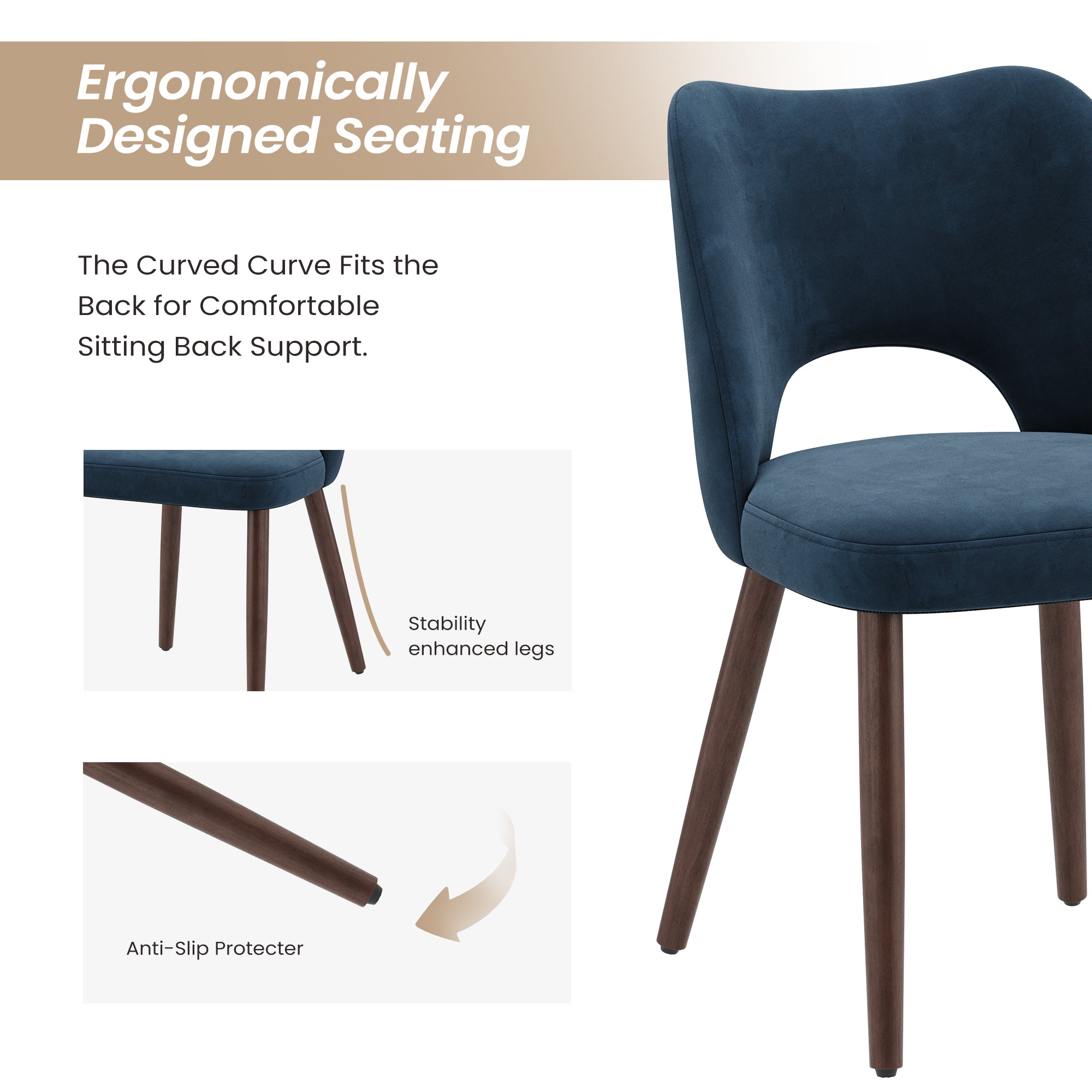 AFO Modern Velvet Dining Chair with Solid Wood Legs, Ergonomic Curved Side Chairs for Dining Room, Cafe and Kitchen