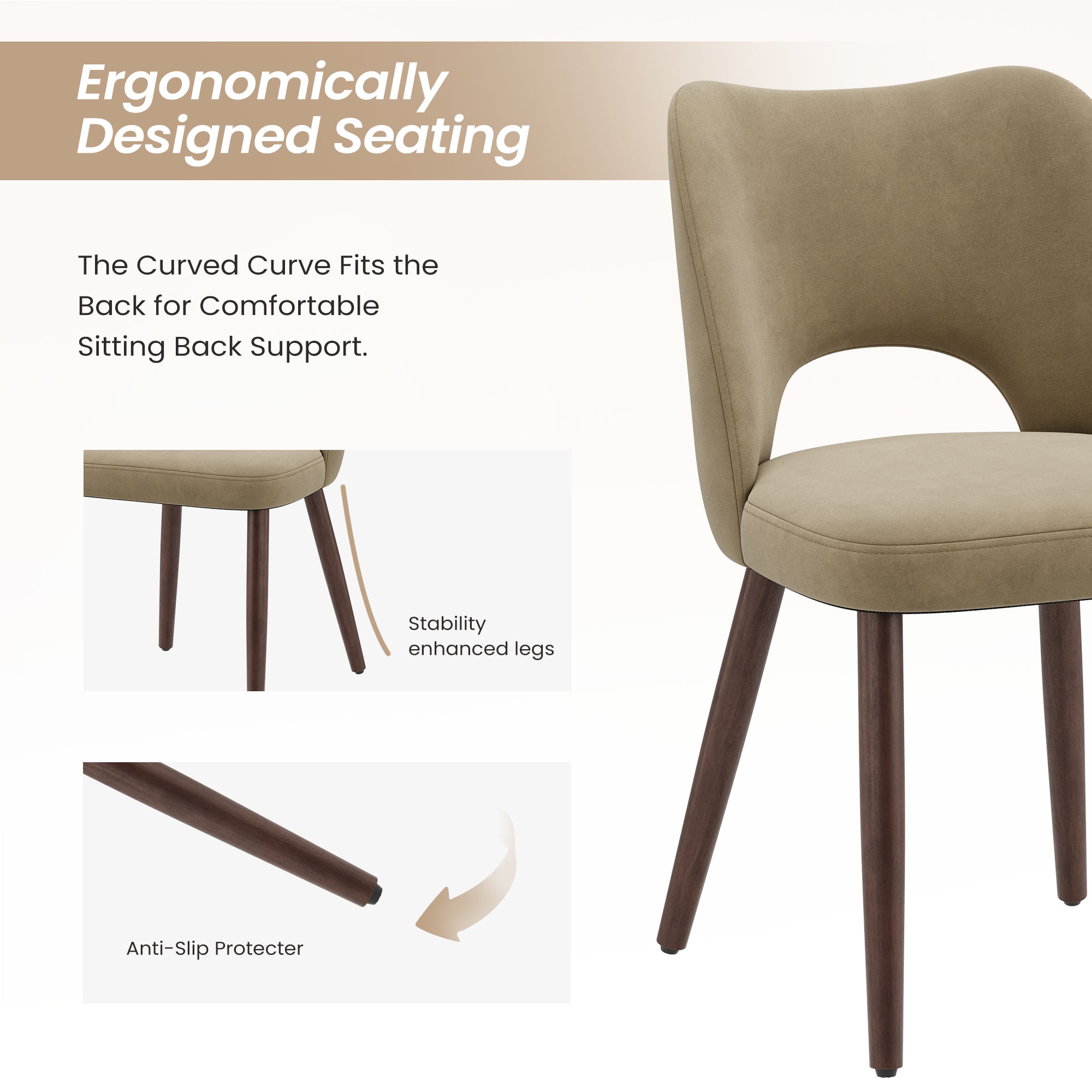 AFO Modern Velvet Dining Chair with Solid Wood Legs, Ergonomic Curved Side Chairs for Dining Room, Cafe and Kitchen