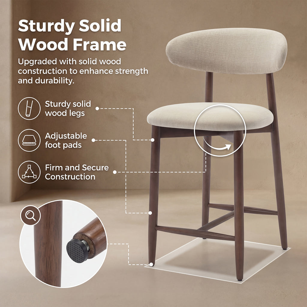 AFO Upholstered Counter Height Bar Stool - Ergonomic Back & Wooden Base
