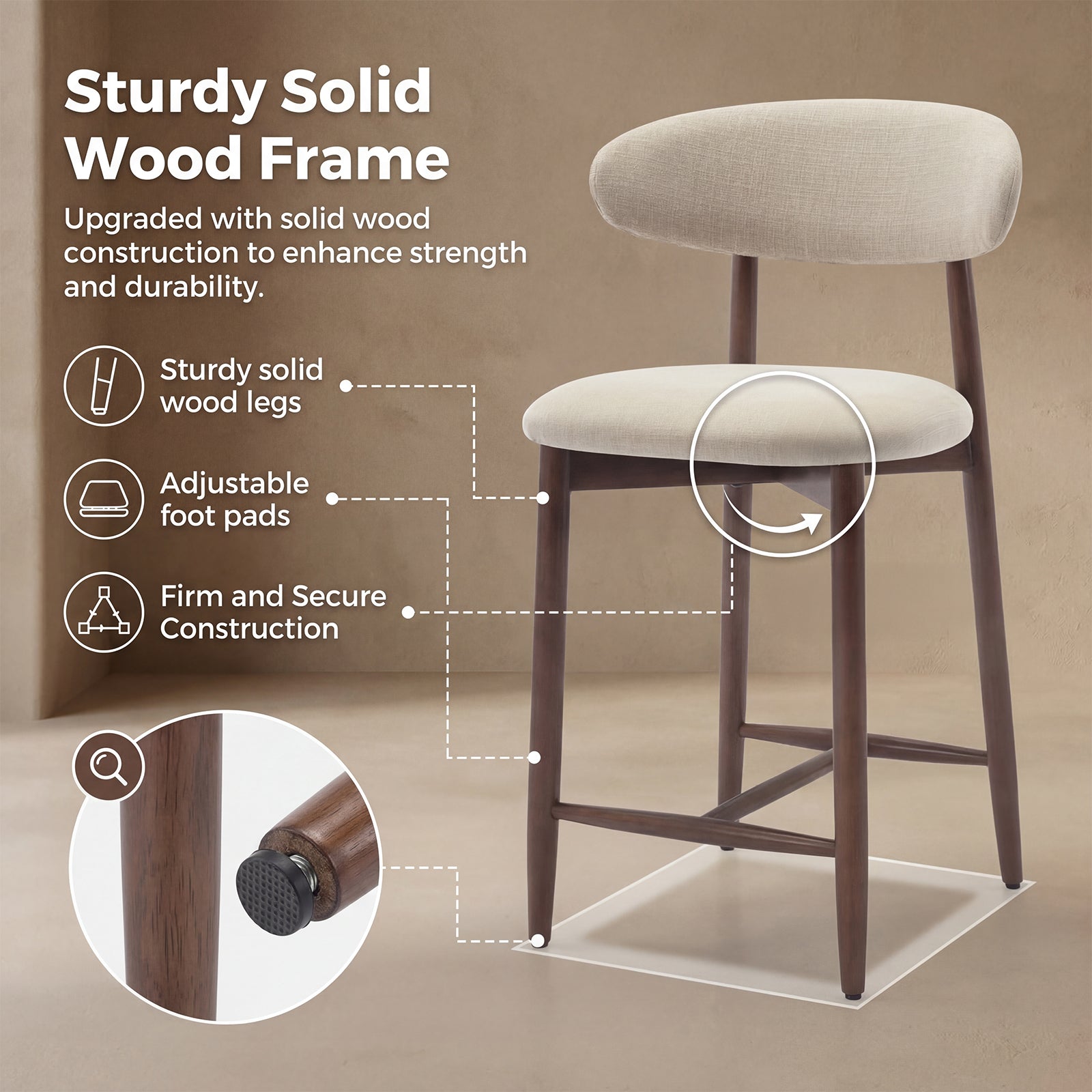 AFO Upholstered Counter Height Bar Stool - Ergonomic Back & Wooden Base