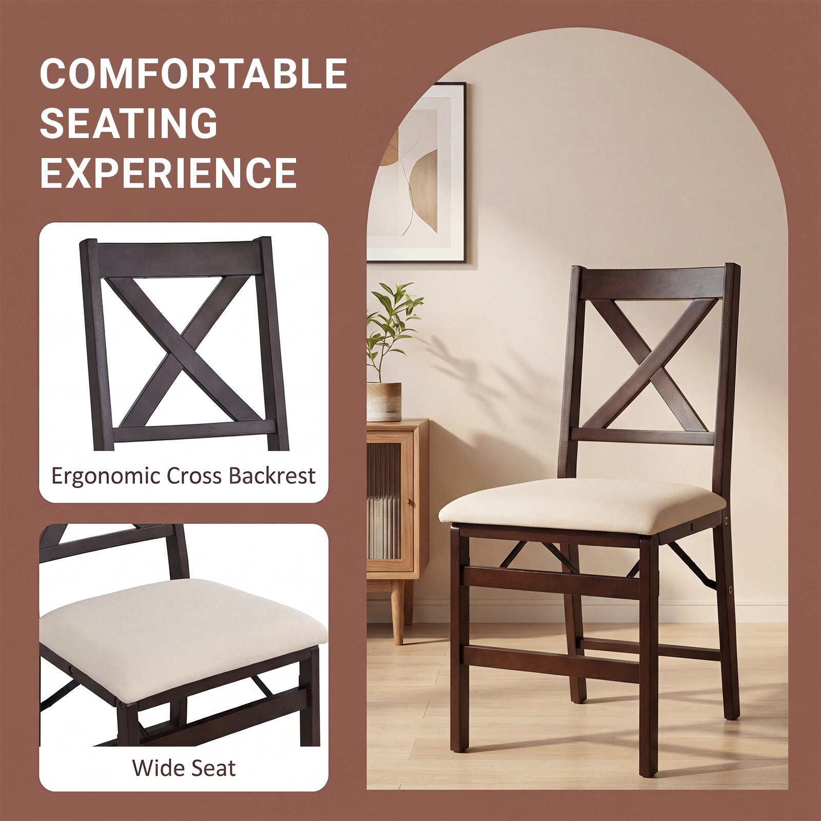 Foldable Solid Wood Cross-Back Dining Chairs Set of 2