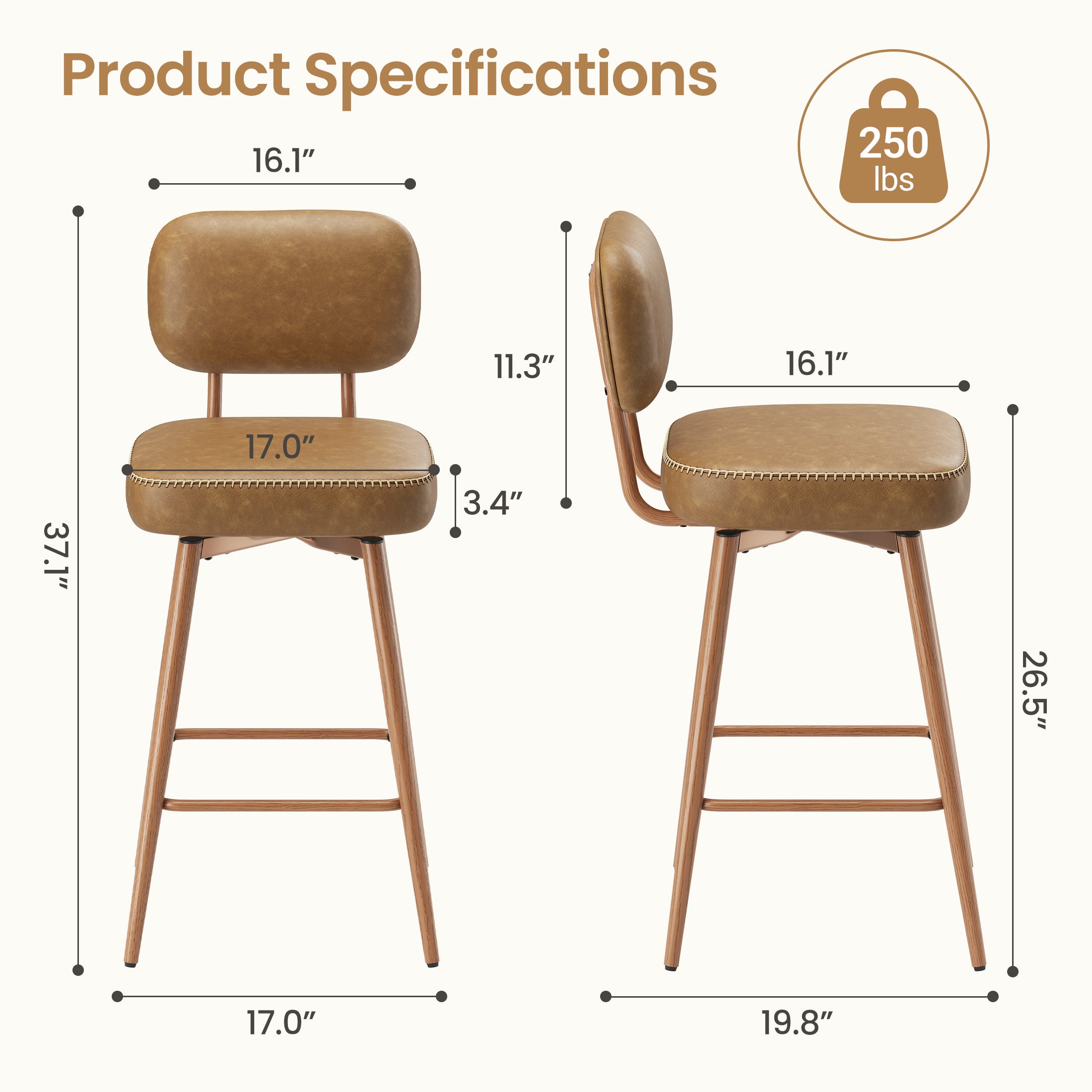 AFO 26.5" Counter Swivel Bar Stool, PU Leather Counter Height Barstools with Ergonomic Backrest