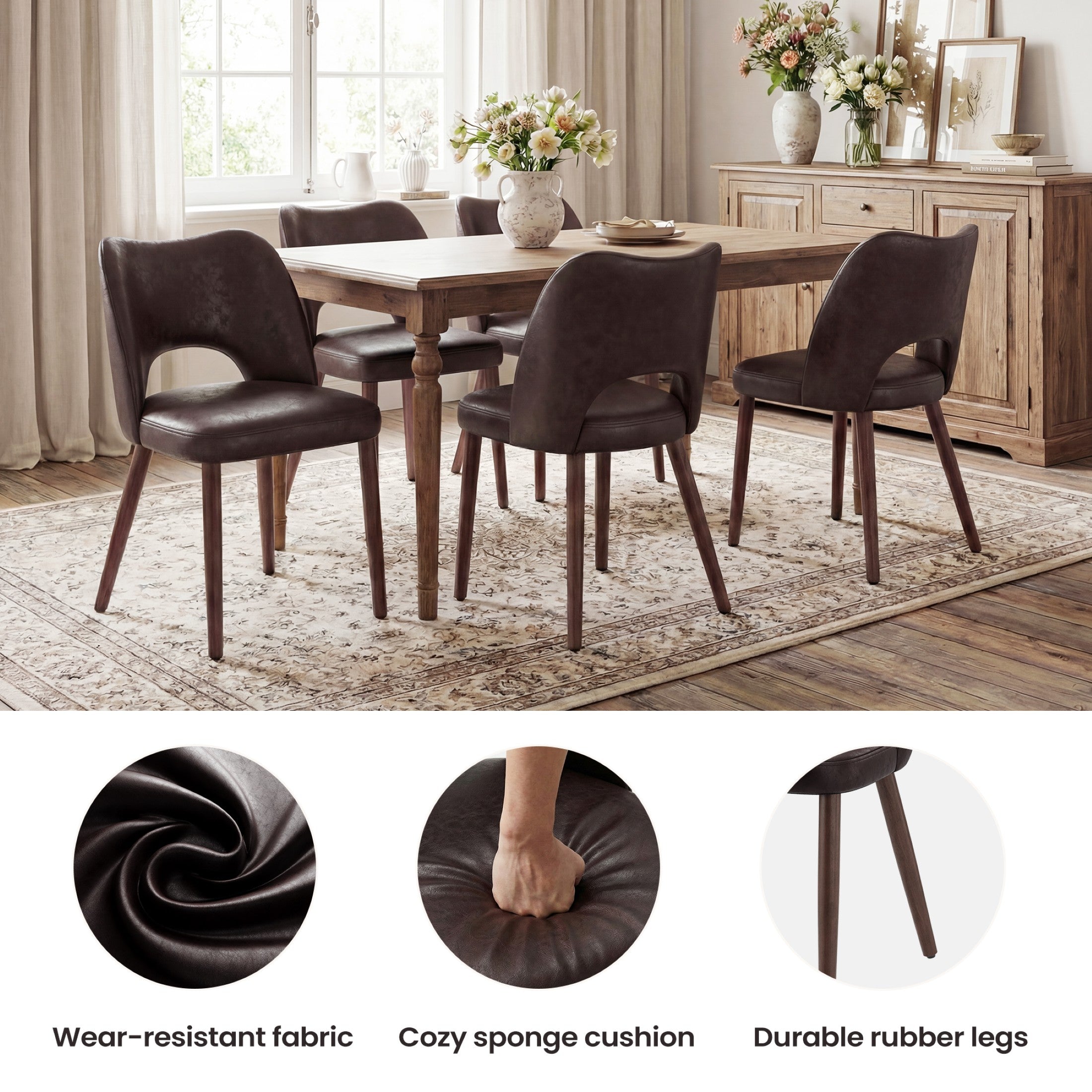 AFO Faux Leather Dining Chairs, Ergonomic Curved Kitchen Side Chairs with Solid Wood Legs, For Dining Room, Living Room, Cafe & Kitchen