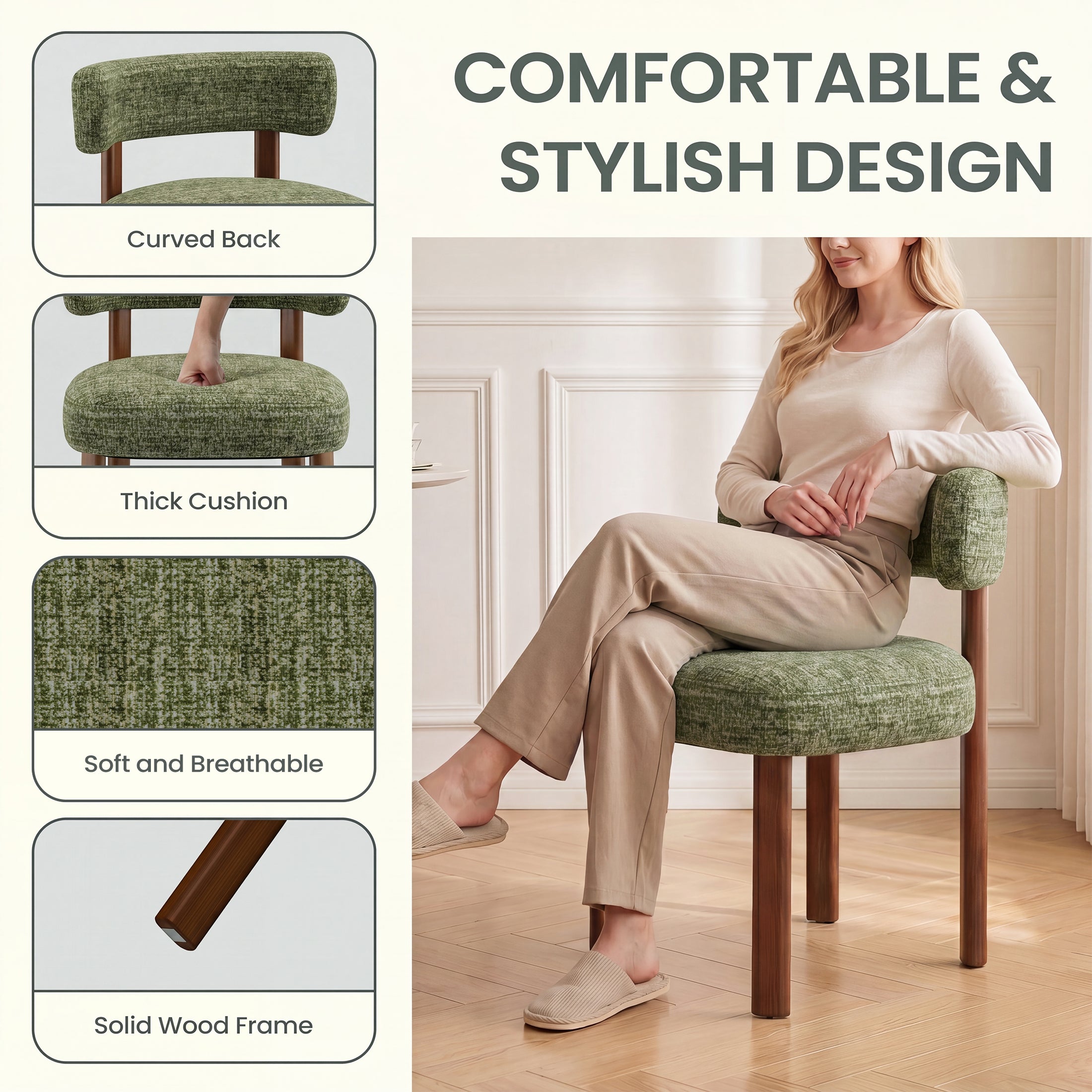 AFO Upholstered Dining Chairs with Solid Wood Legs, Mid-Century Modern Fabric Kitchen Chairs