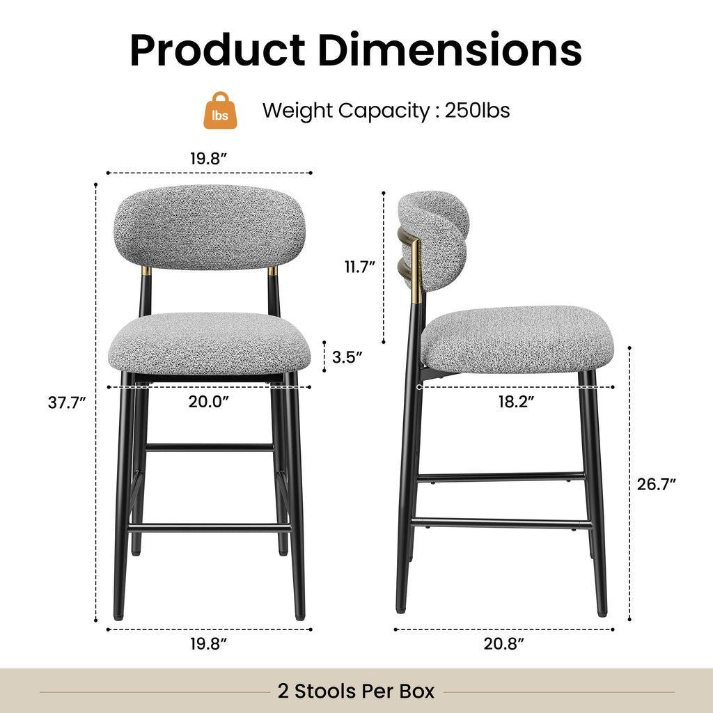 AFO 26.7" Upholstered Counter Height Bar Stools, Kitchen Island Stools With Study Metal Frame, Suitable for 35"-40" Table, Modern Counter Chairs for Dining Room