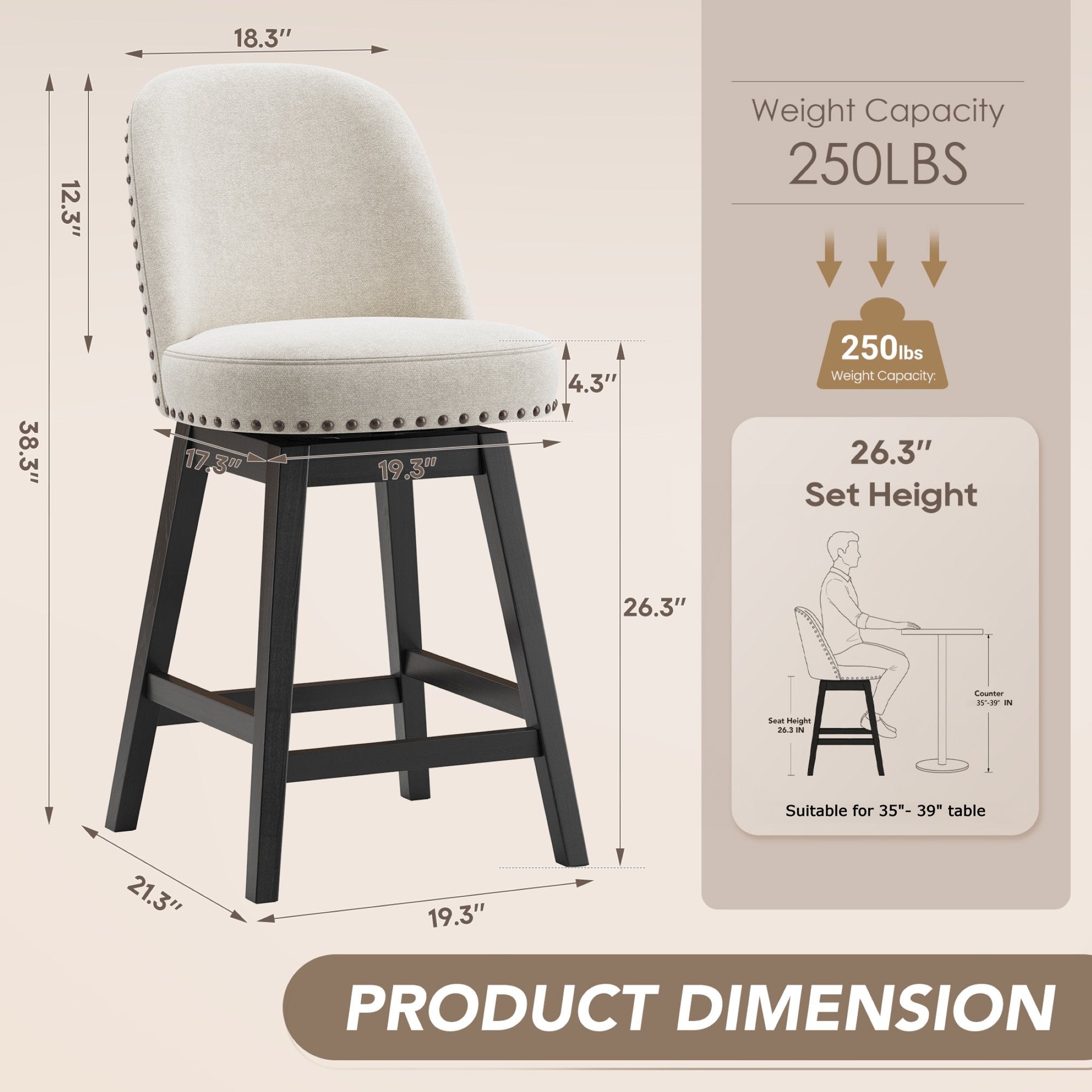 AFO 26" Upholstered Swivel Counter Height Bar Stools, Modern Bar Chairs with Solid Wood Frame, Suitable for 35"-39" Table, For Kitchen Island Dining Room Pub Restaurant