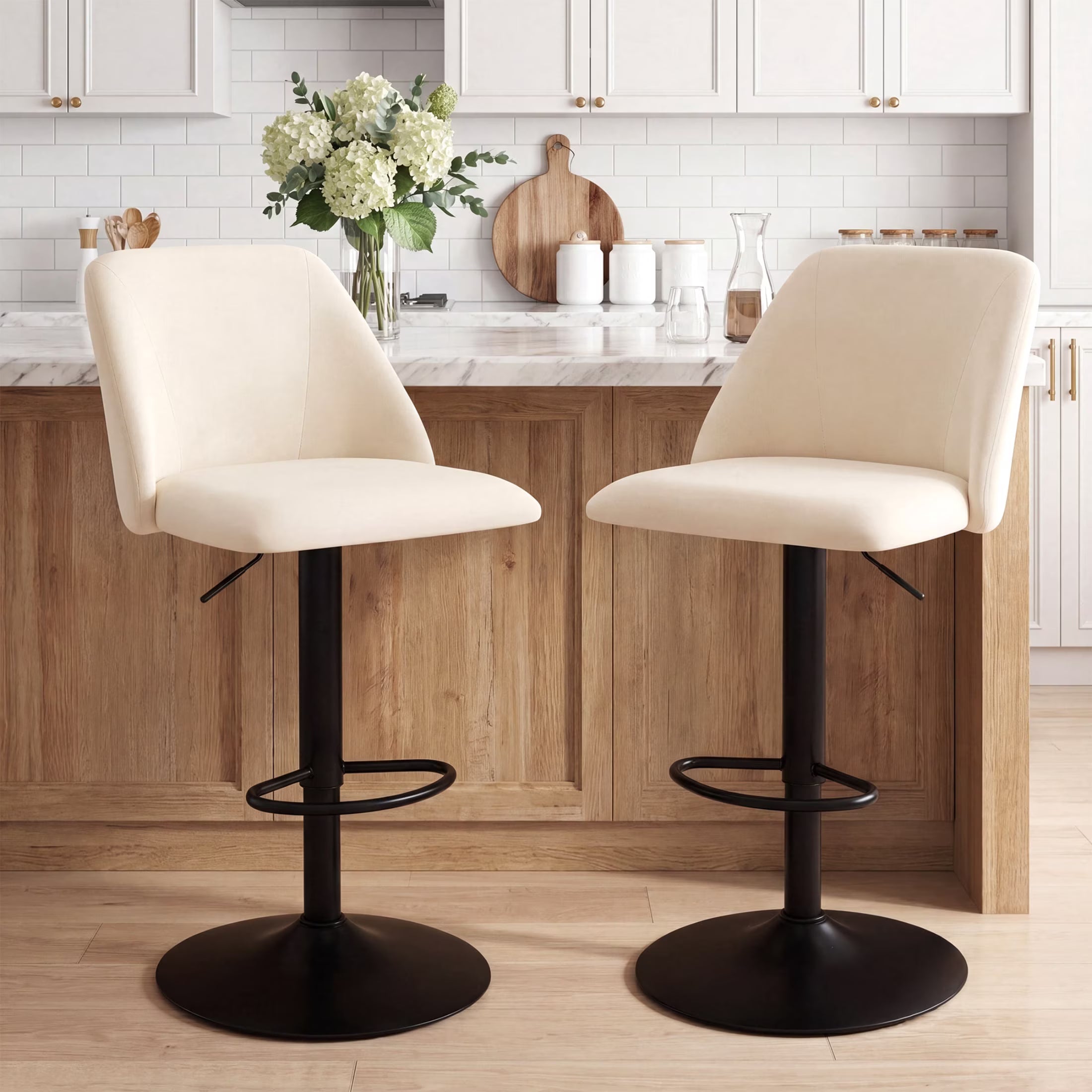 AFO Swivel Counter Height Bar Stools, Fabric Adjustable Upholstered Bar Chairs with Full Backrest, Modern Barstools for Kitchen Island, Dining Room, Café and Home Bar