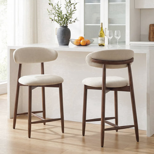 AFO 26" Counter Height Bar Stools, Kitchen Bar Stools With Curved Back & Wood Legs, Mid Century Modern Upholstered, For Kitchen Island Dining Room
