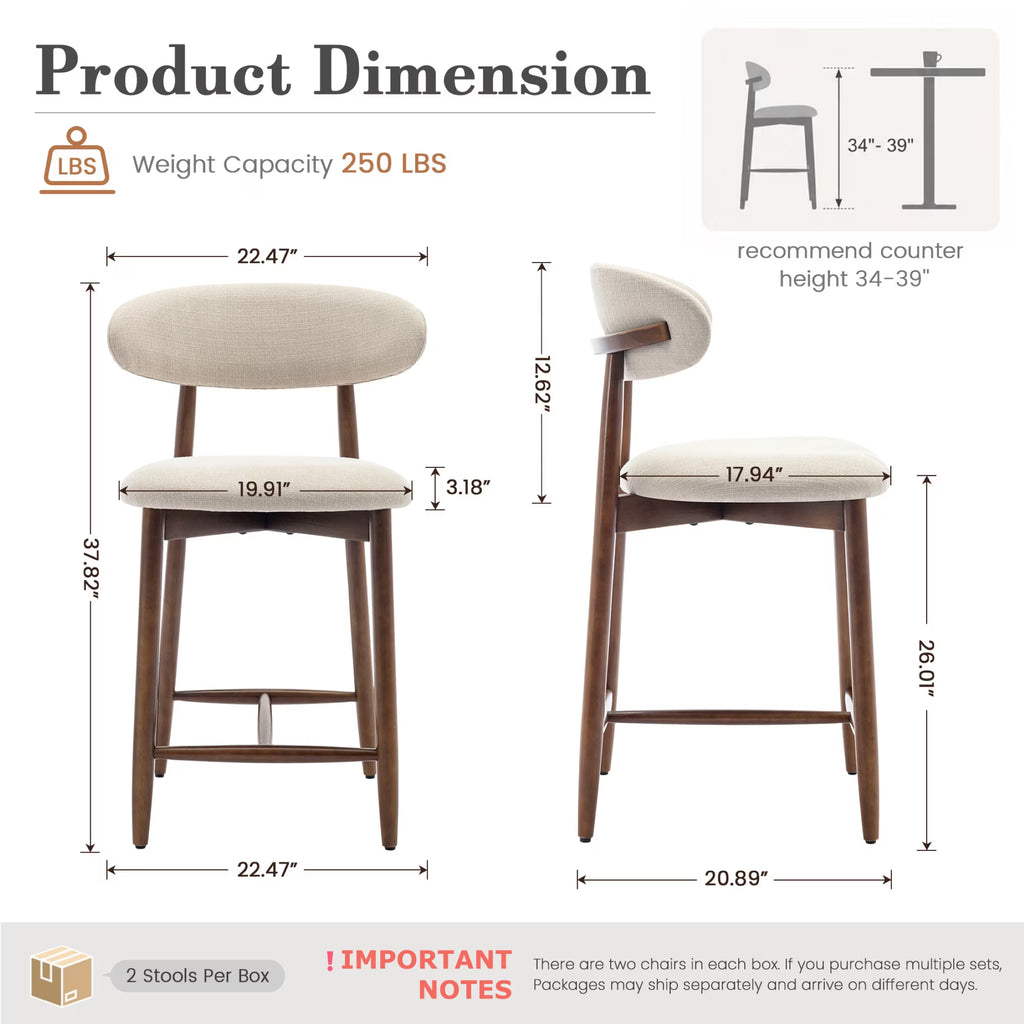 AFO 26" Counter Height Bar Stools, Kitchen Bar Stools With Curved Back & Wood Legs, Mid Century Modern Upholstered, For Kitchen Island Dining Room