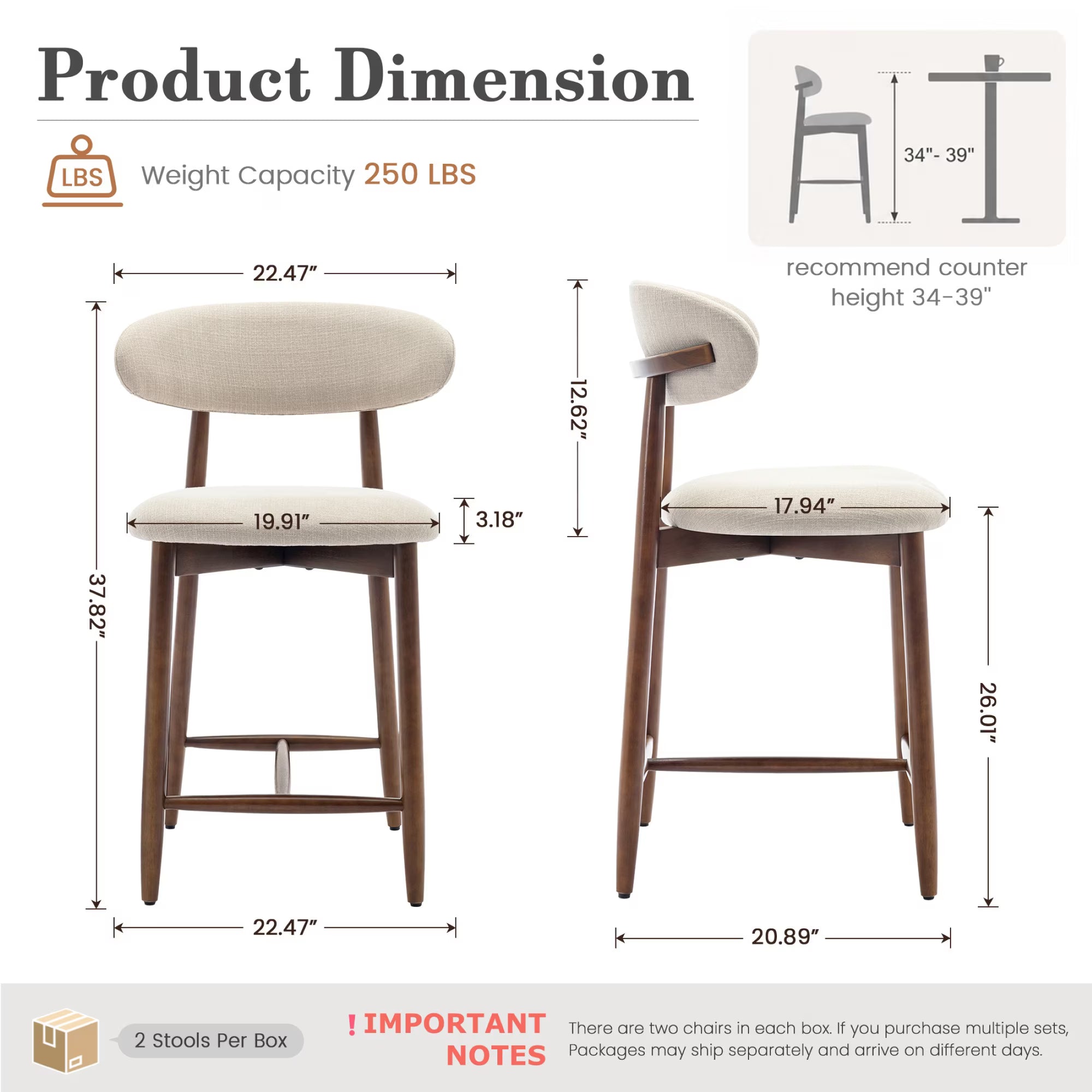 AFO 26" Counter Height Bar Stools, Kitchen Bar Stools With Curved Back & Wood Legs, Mid Century Modern Upholstered, For Kitchen Island Dining Room